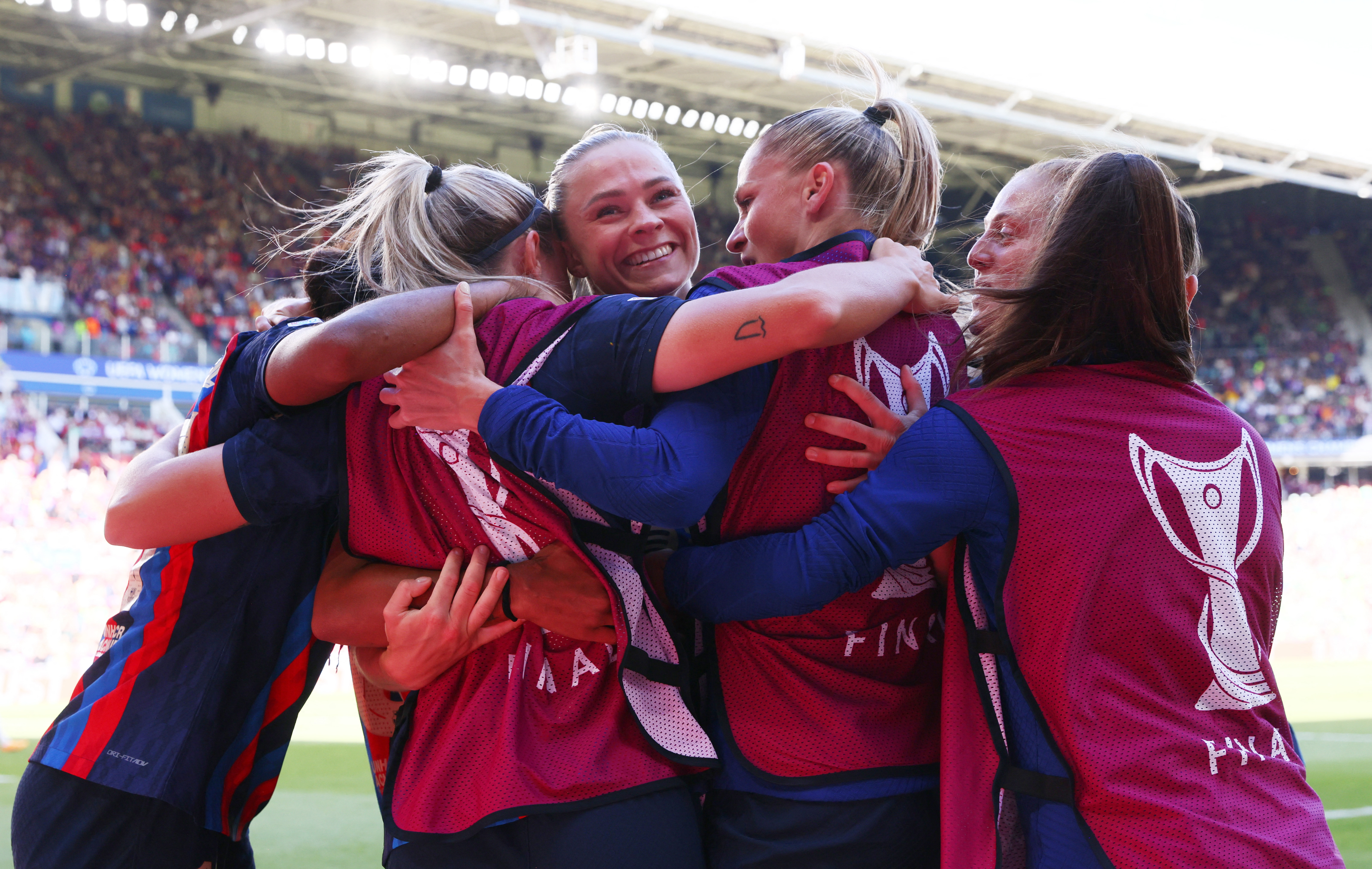 Soccer Football - Women's Champions League - Final - FC Barcelona v VfL Wolfsburg - Philips Stadion, Eindhoven, Netherlands - June 3, 2023 FC Barcelona's Fridolina Rolfo celebrates scoring their third goal with teammates REUTERS/Yves Herman