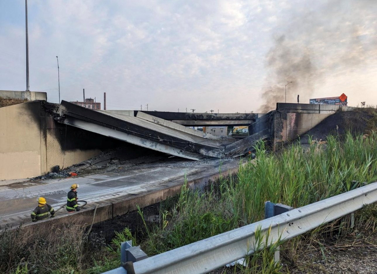 A general view shows the partial collapse of Interstate 95 after a fire underneath an overpass in Philadelphia, Pennsylvania