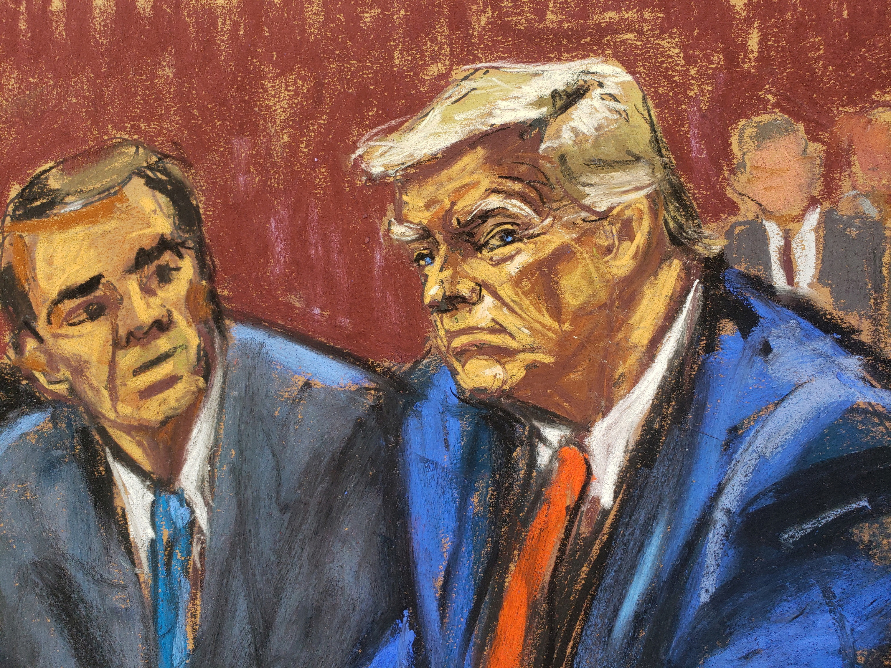 A courtroom sketch shows Donald Trump in a red tie and blue suit, next to a man leaning over
