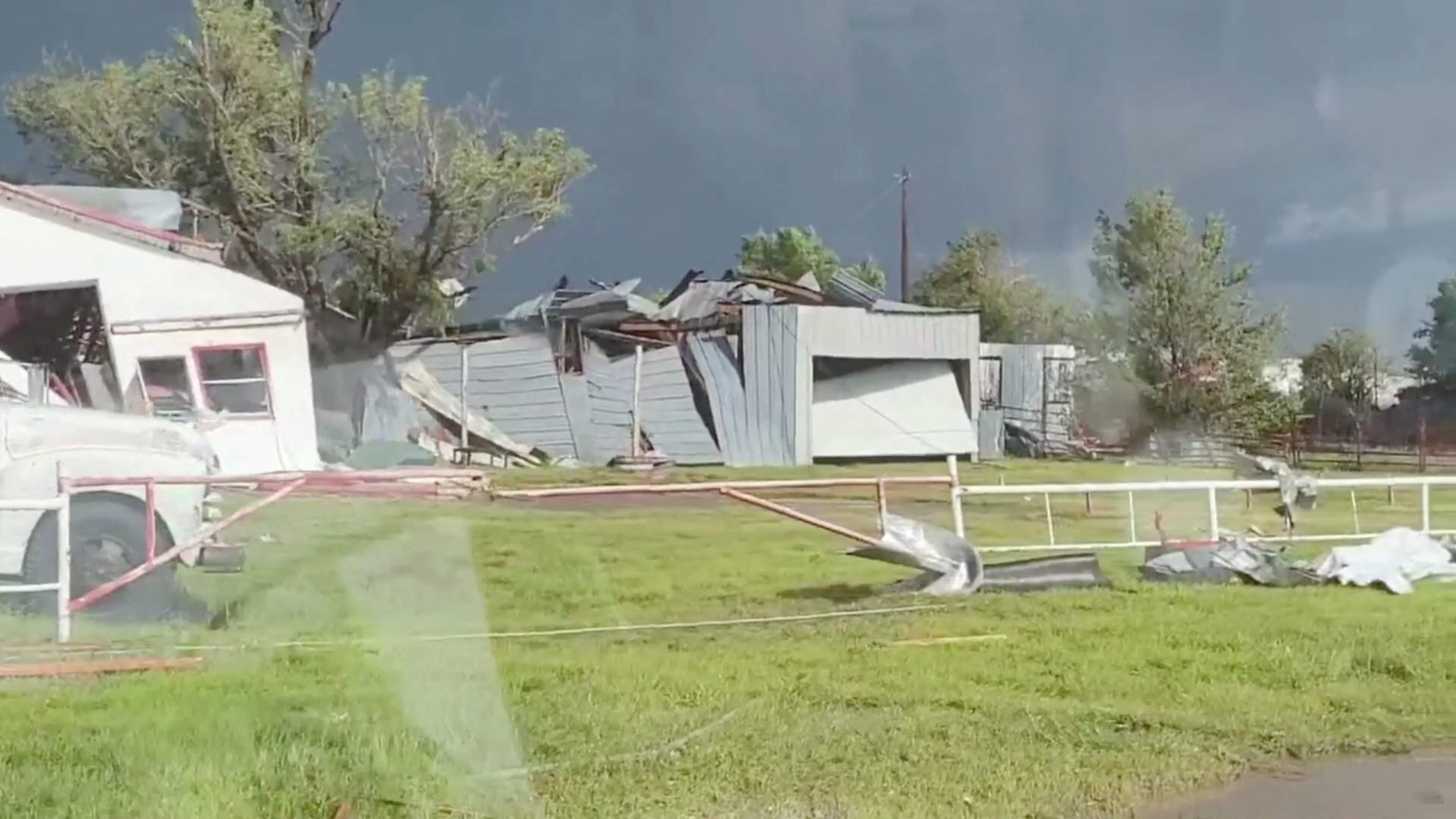 A view of a damaged site in Perryton as the town gets struck by a tornado, in Texas, U.S. June 15, 2023, in this screengrab obtained from a social media video. Sabrina Devers via TMX/via REUTERS THIS IMAGE HAS BEEN SUPPLIED BY A THIRD PARTY. MANDATORY CREDIT. NO RESALES. NO ARCHIVES.