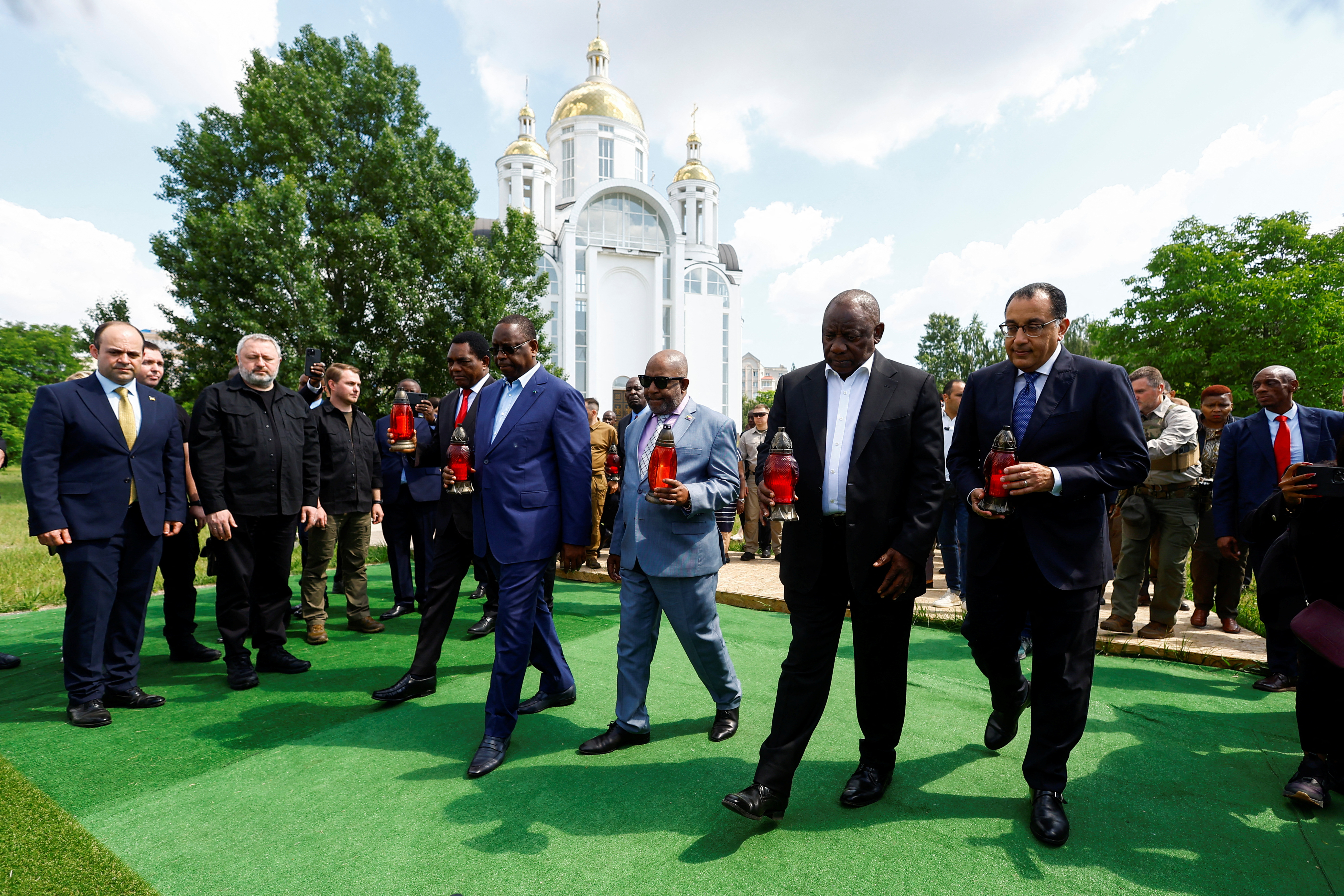 Zambia's President Hakainde Hichilema, Senegal's President Macky Sall, President of the Union of Comoros Azali Assoumani, South African President Cyril Ramaphosa and Egypt's Prime Minister Mustafa Madbuly