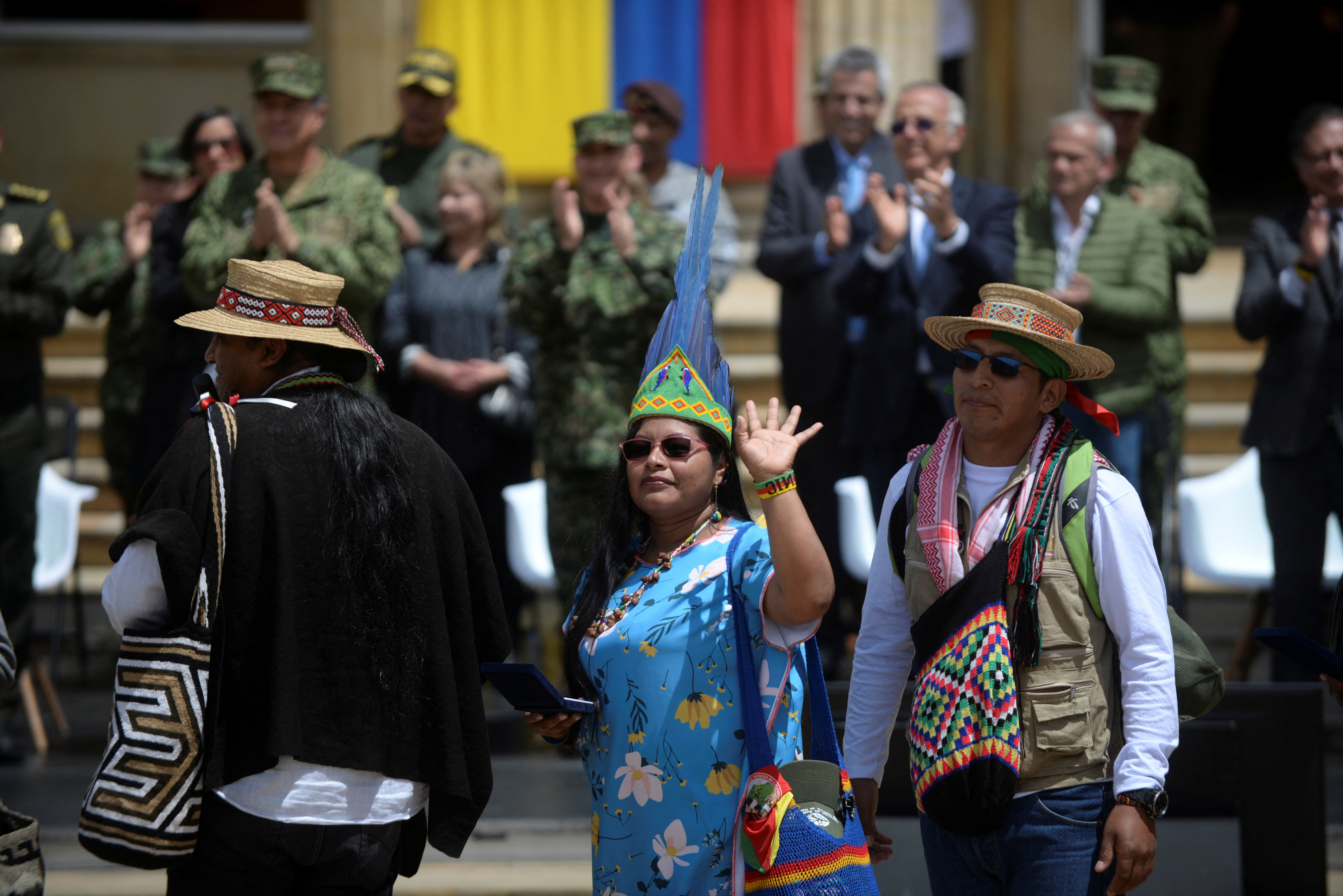 Indigenous people who participated in the rescue of the surviving children from a Cessna 206 plane that crashed in the thick jungle participate in a ceremony led by Colombian President Gustavo Gustavo Petro, in Bogota, Colombia June 2,6 2023. REUTERS/Vannessa Jimenez