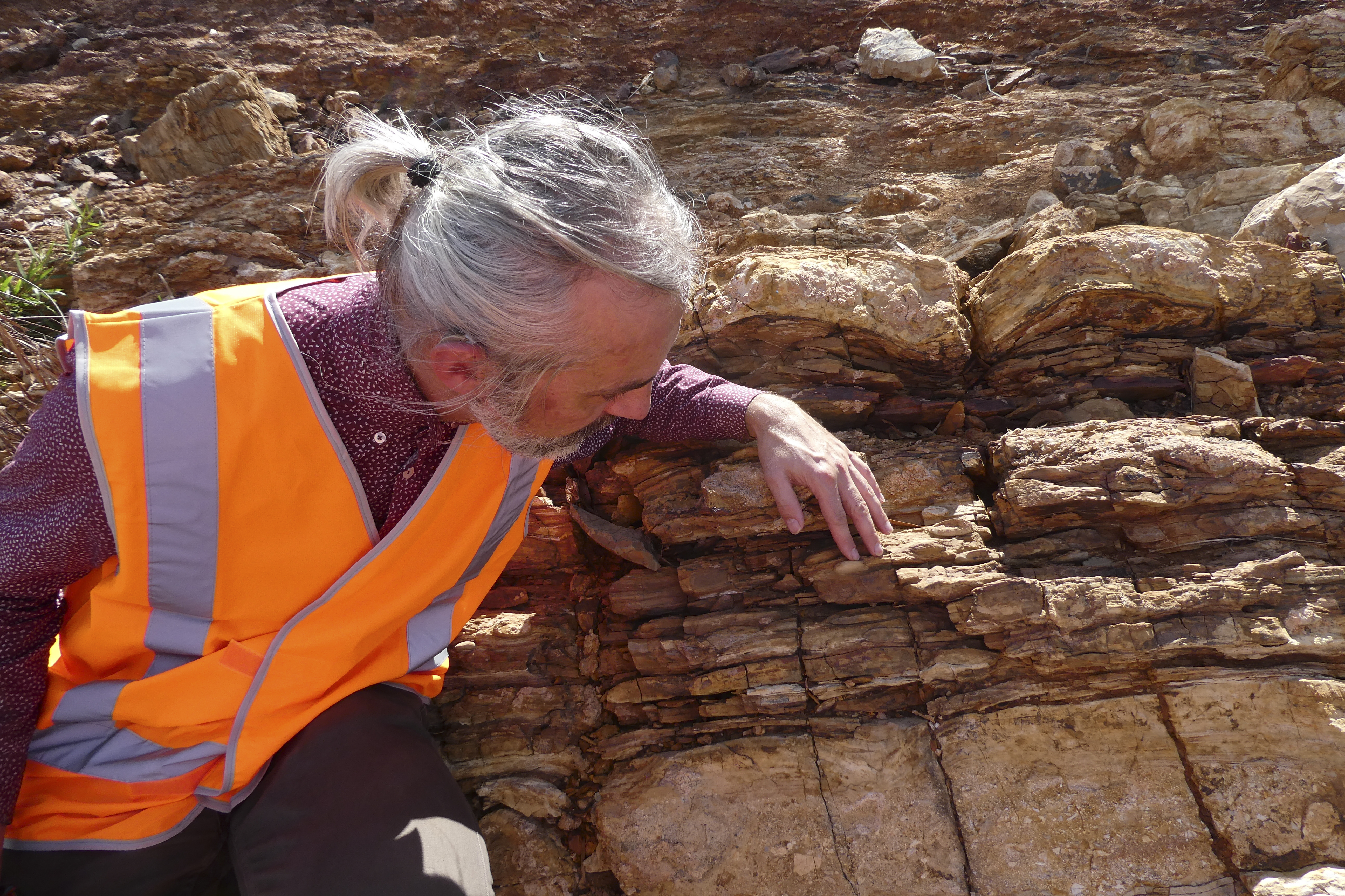 Professor Jochen Brocks inspecting an ancient rock face in northern Australia. He is wearing a hig vis shirt and has grey hair tied back in a pony tail.