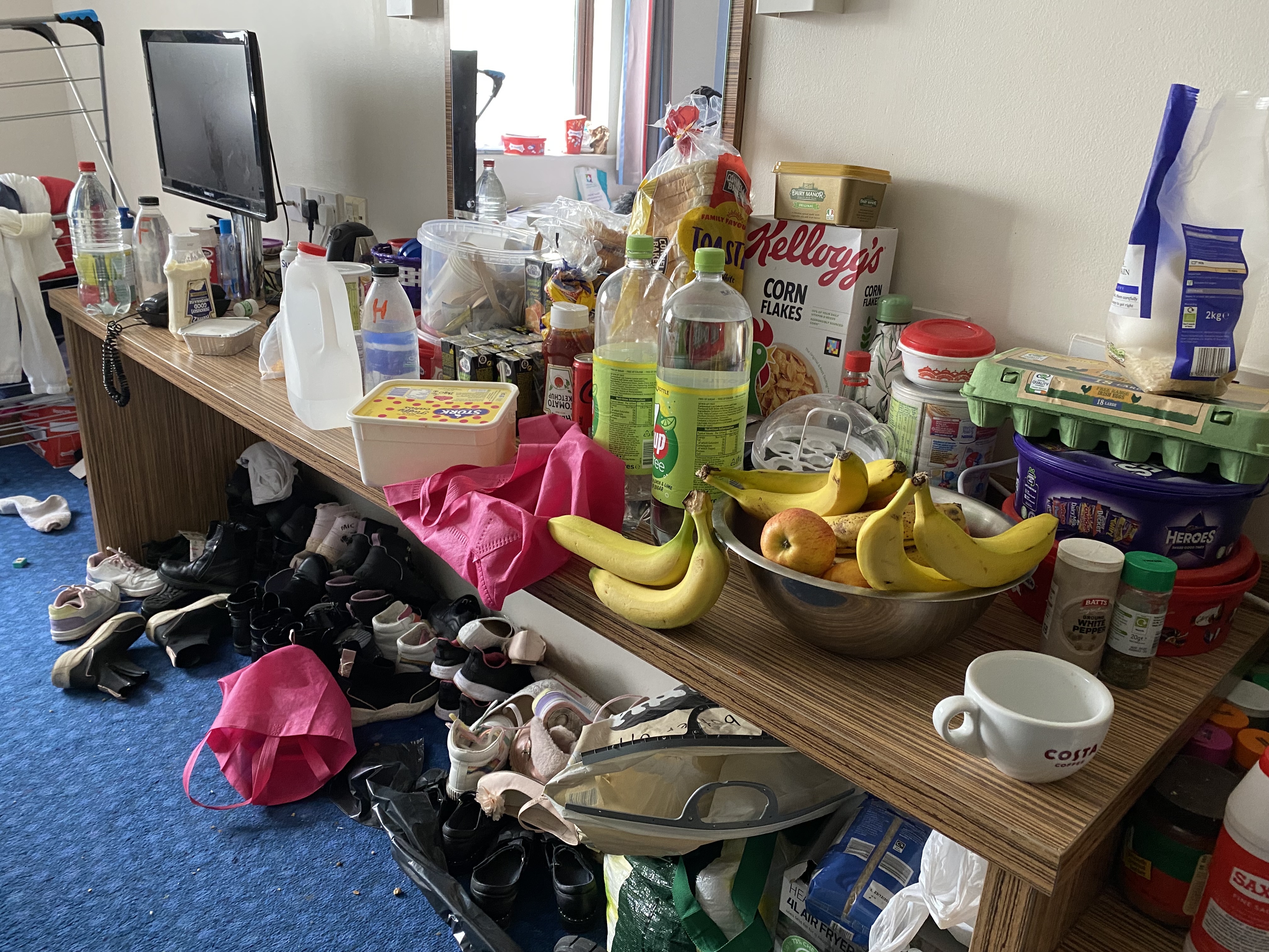 A table filled with items including groceries