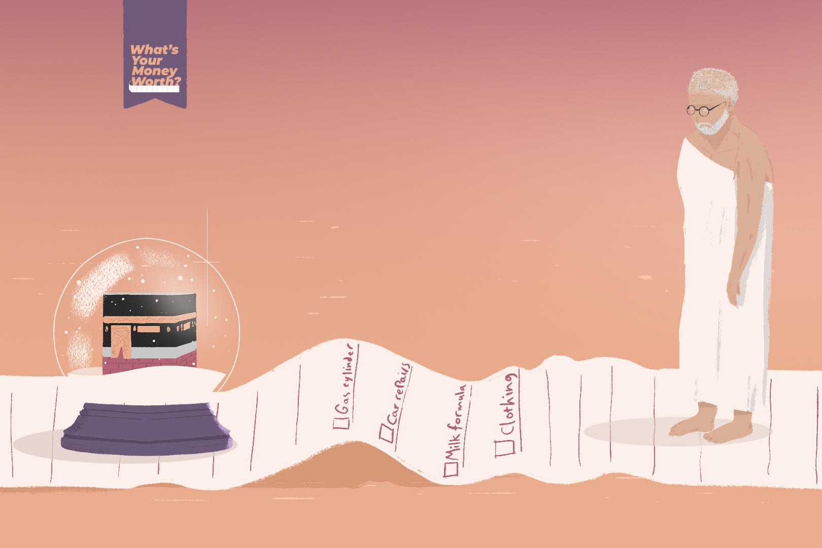 An illustration of a man (right) standing on a long receipt leading to a snow globe with the qibla in Mecca in it.