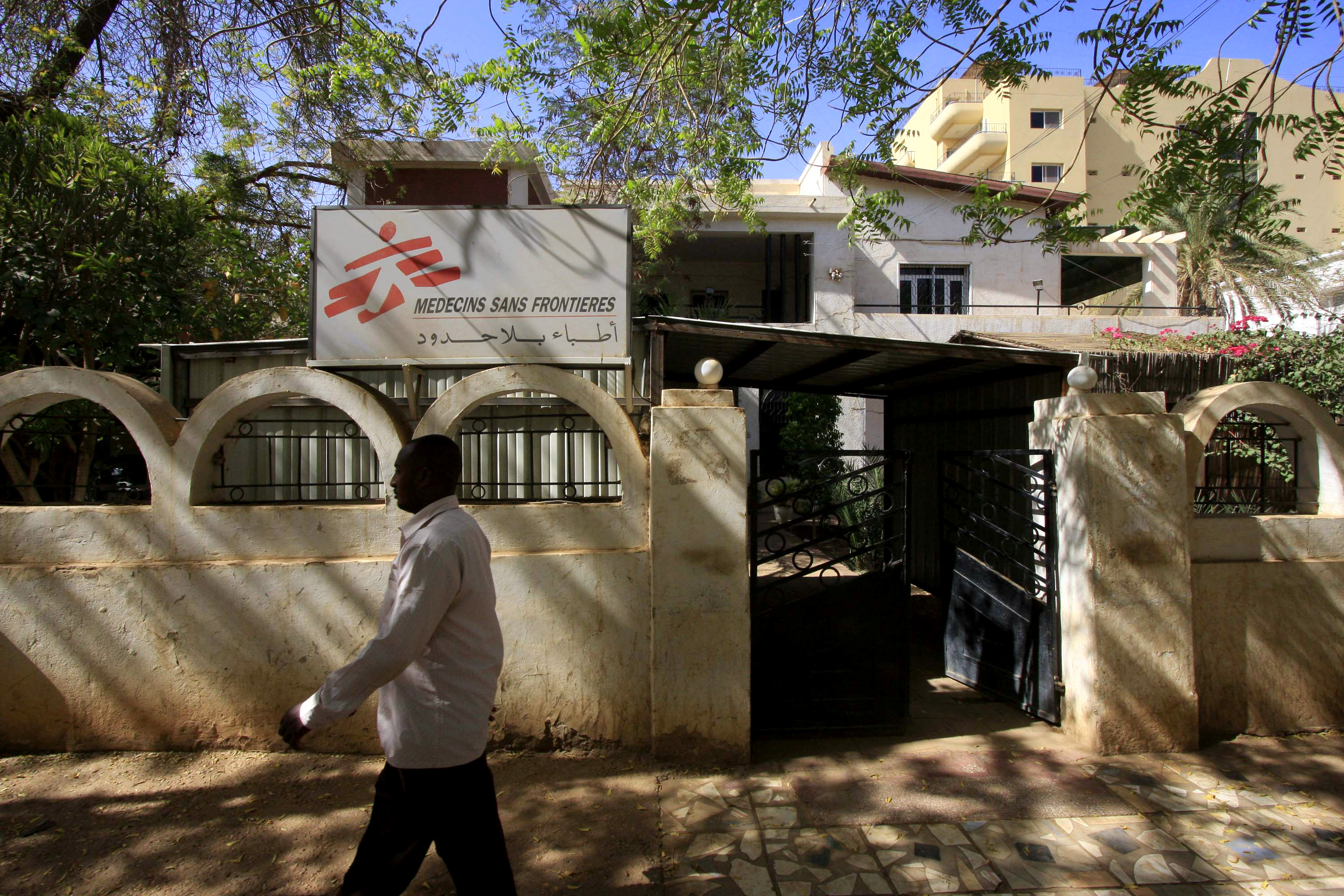 A man walks past the medical charity Medecins Sans Frontieres (MSF)