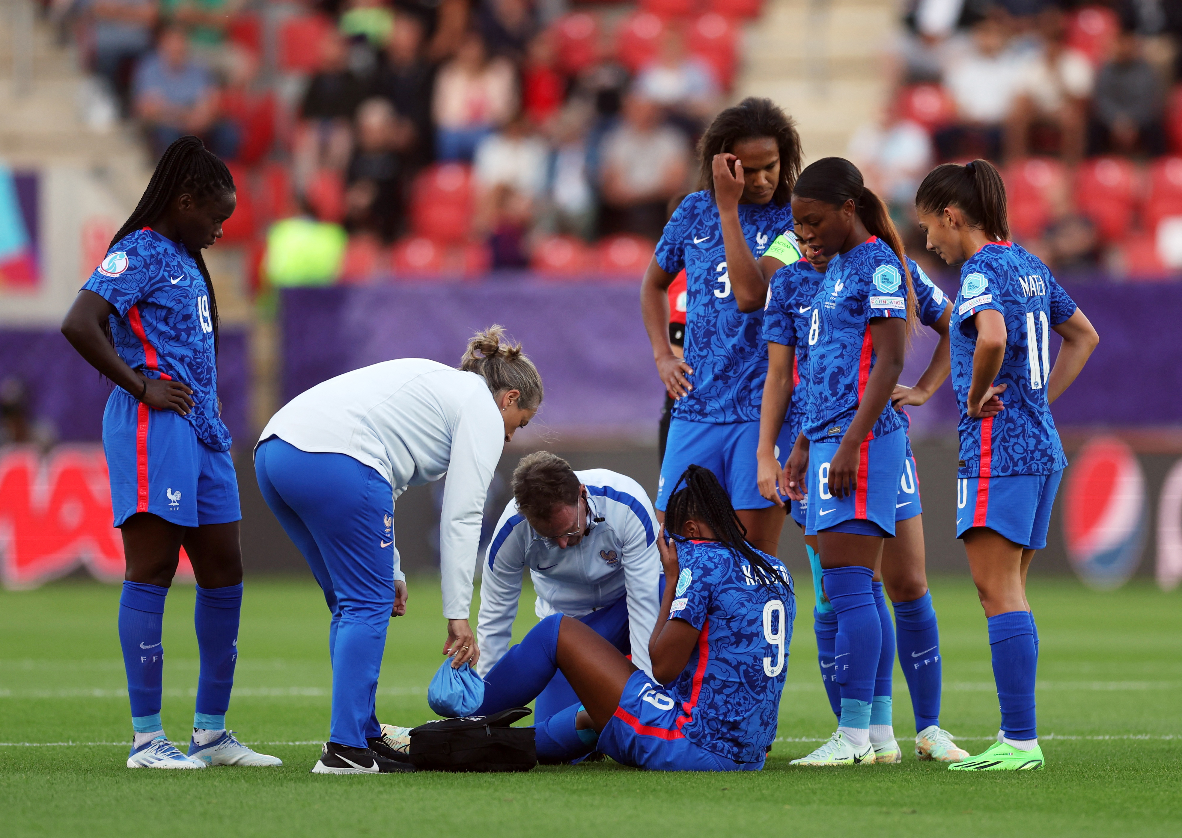 France's Marie-Antoinette Katoto suffers a knee injury during the Women's Euro in July 2022