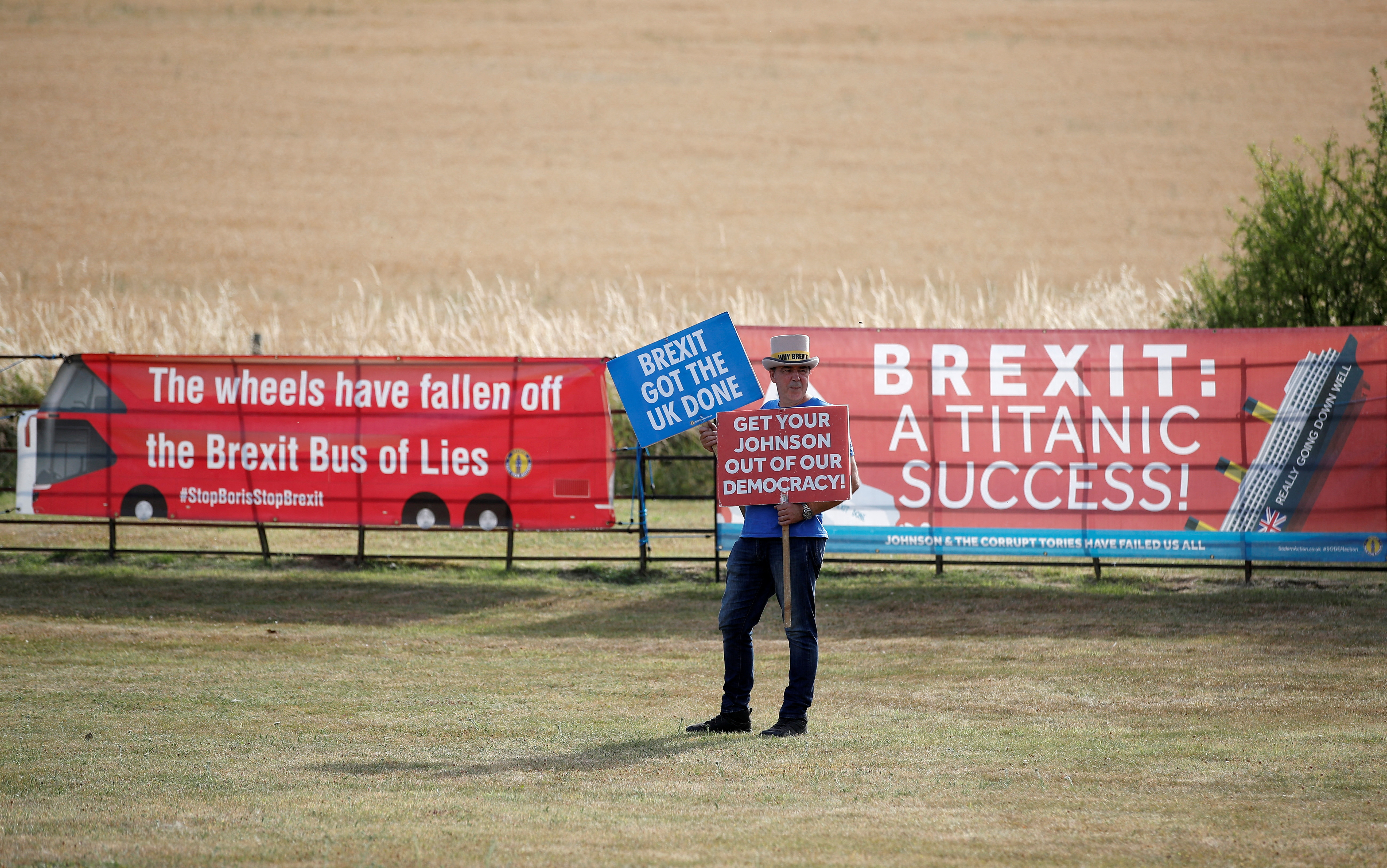 Anti-Brexit demonstrator Steve Bray protests near Chequers, the official country residence of the Prime Minister, near Aylesbury in Buckinghamshire Britain