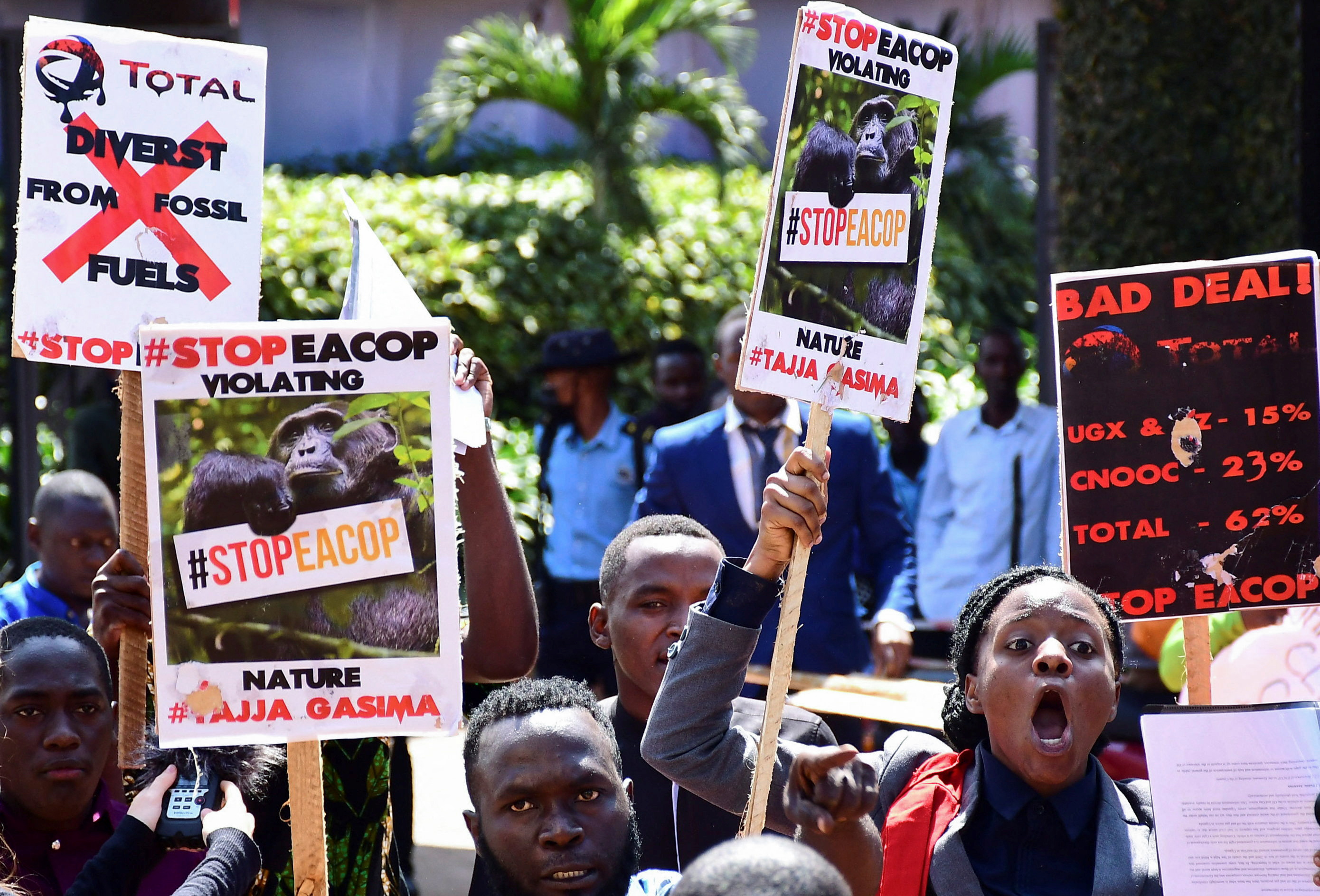 Ugandan activists march in support of the European Parliament resolution to stop the construction of the East African Crude Oil Pipeline, on environmental basis, near the European Union offices in Kampala,