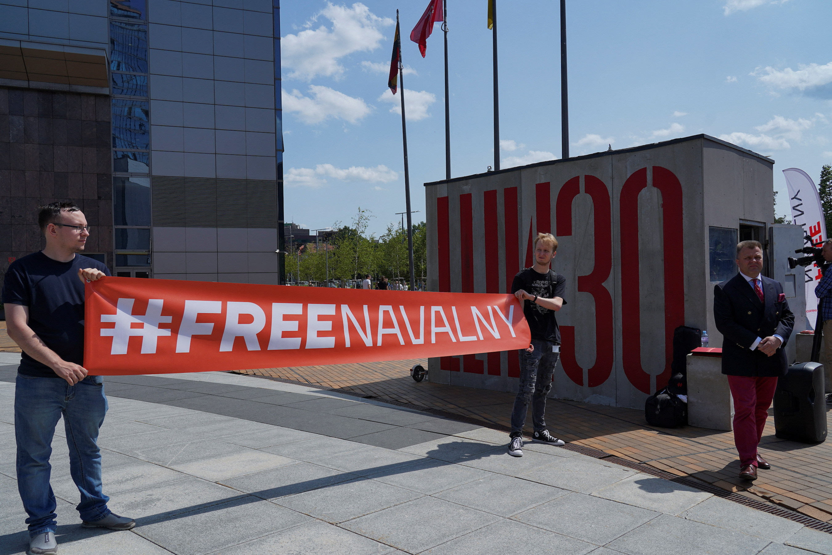 A replica of the two-by-three-metre prison cell holding Kremlin critic Alexei Navalny goes on display in Vilnius, Lithuania