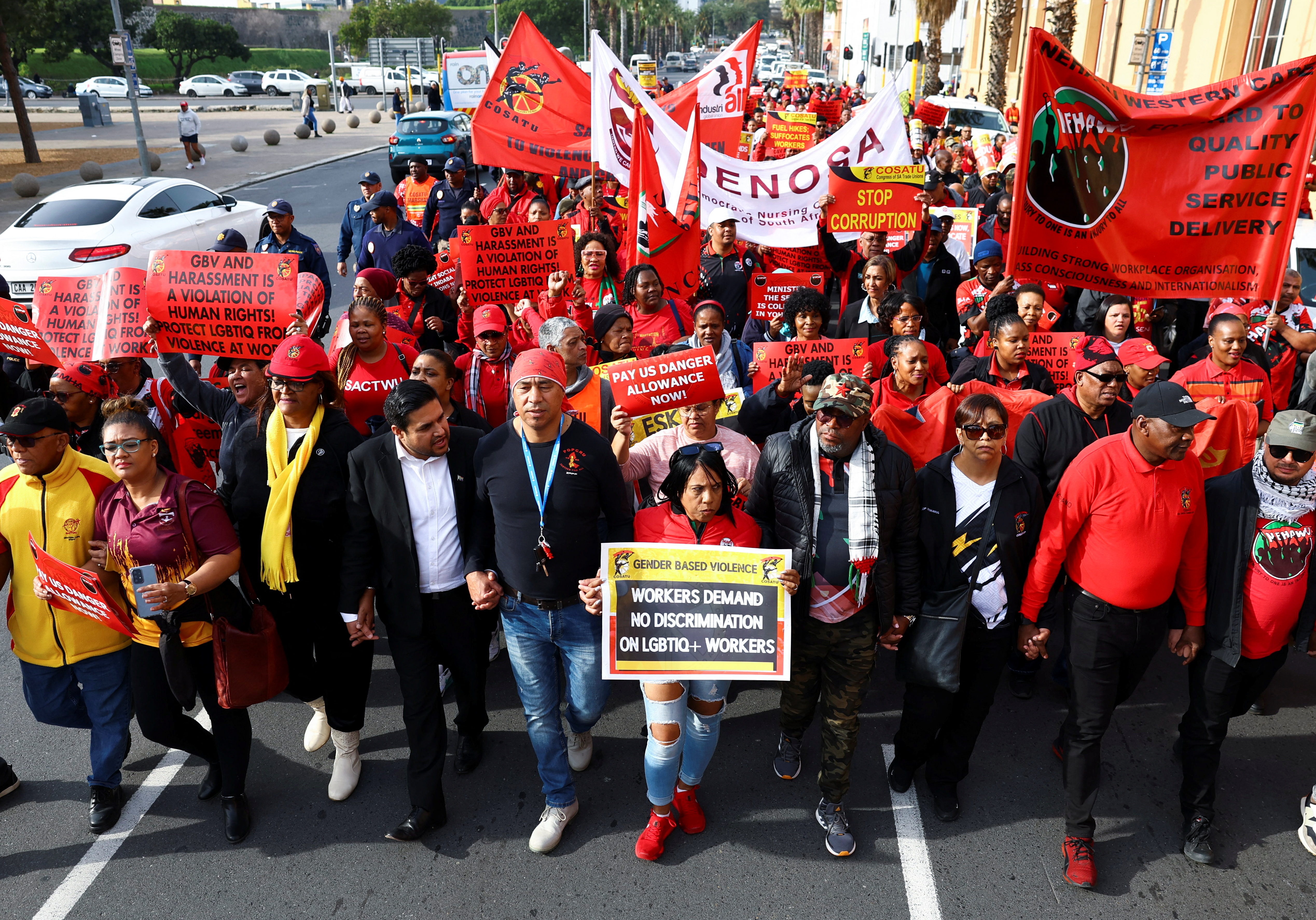 Members of the Congress of South African Trade Unions (COSATU), South Africa's biggest trade union group, and other labour unions, take part in a nationwide protest against the high cost of living and rising unemployment, in Cape Town, South Africa, July 6, 2023