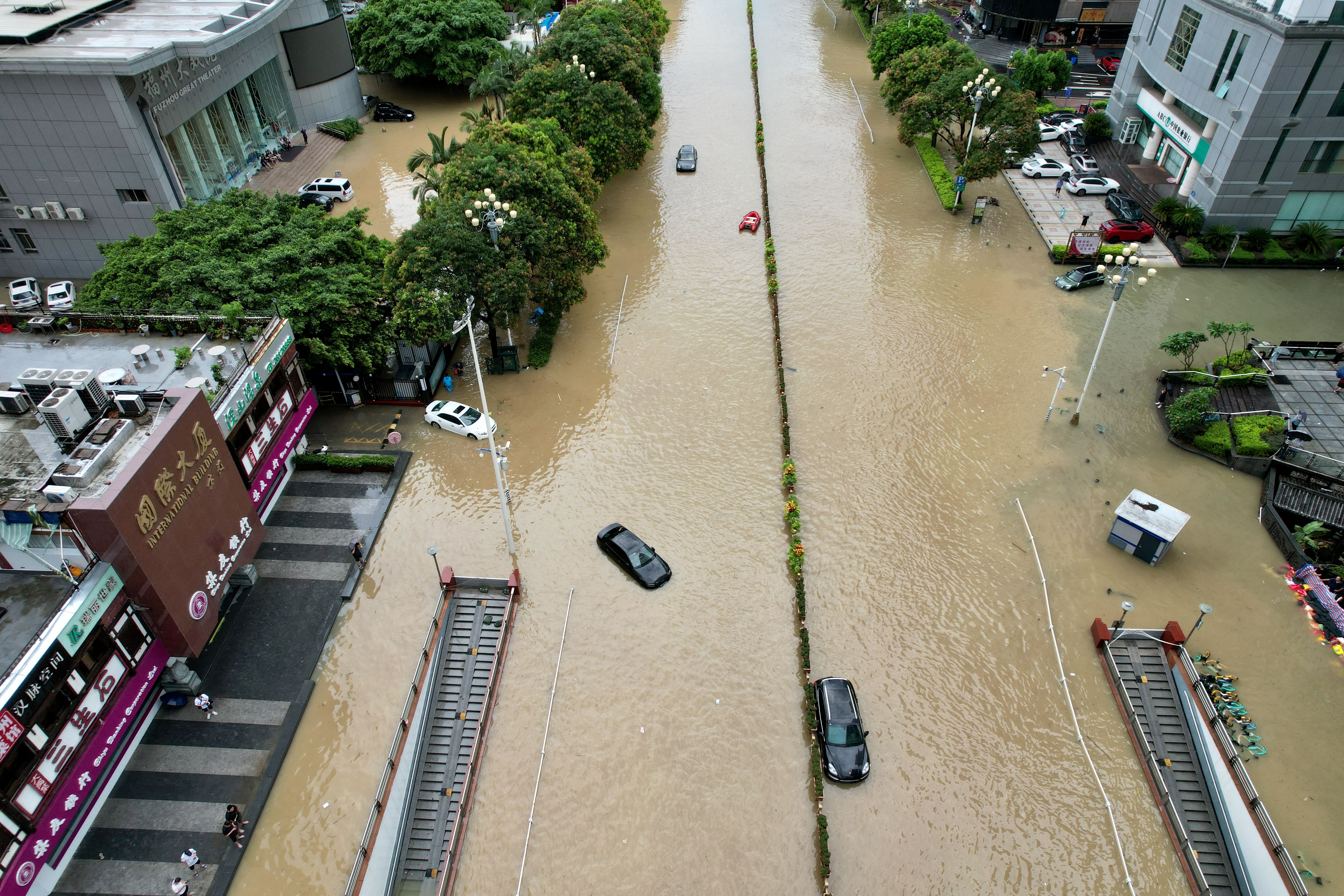 An aerial view shows flooding in Fuzhou after Typhoon Doksuri made landfall and brought heavy rainfall, in Fujian province, China