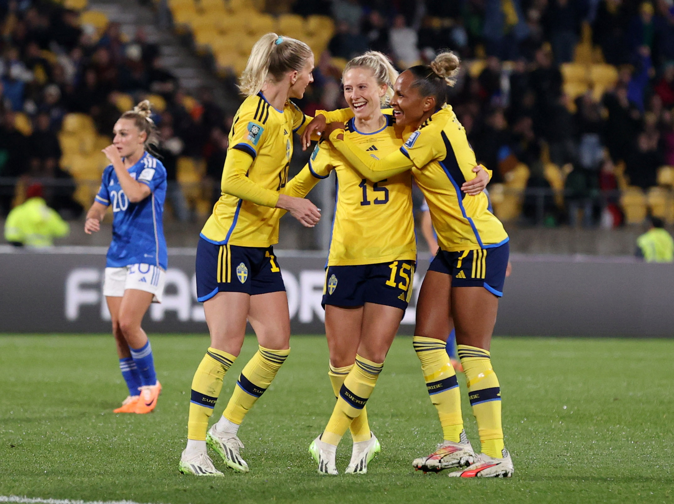 Sweden's Rebecka Blomqvist celebrates scoring their fifth goal with Madelen Janogy and Sofia Jakobsson