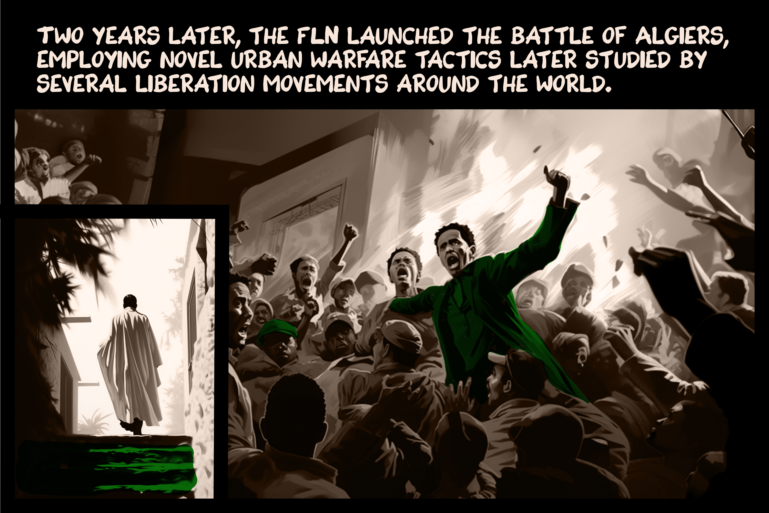Two years later, the FLN launched the battle of Algiers, employing novel urban warfare tactics later studied by several liberation movements in the world.