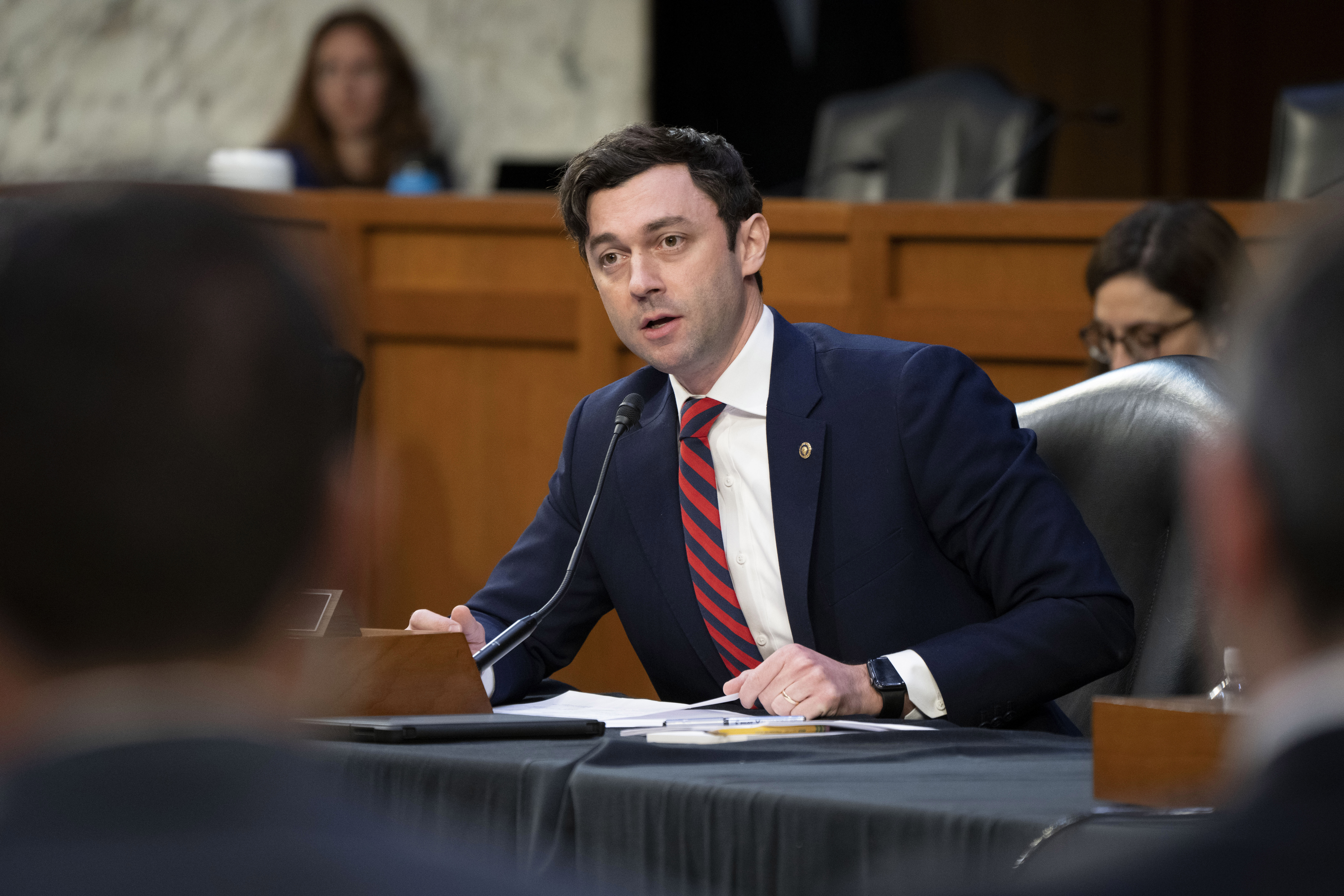 Sen. Jon Ossoff, D-Ga., questions Attorney General Merrick Garland during a Senate Judiciary Committee hearing examining the Department of Justice, at the Capitol in Washington, Wednesday, March 1, 2023.