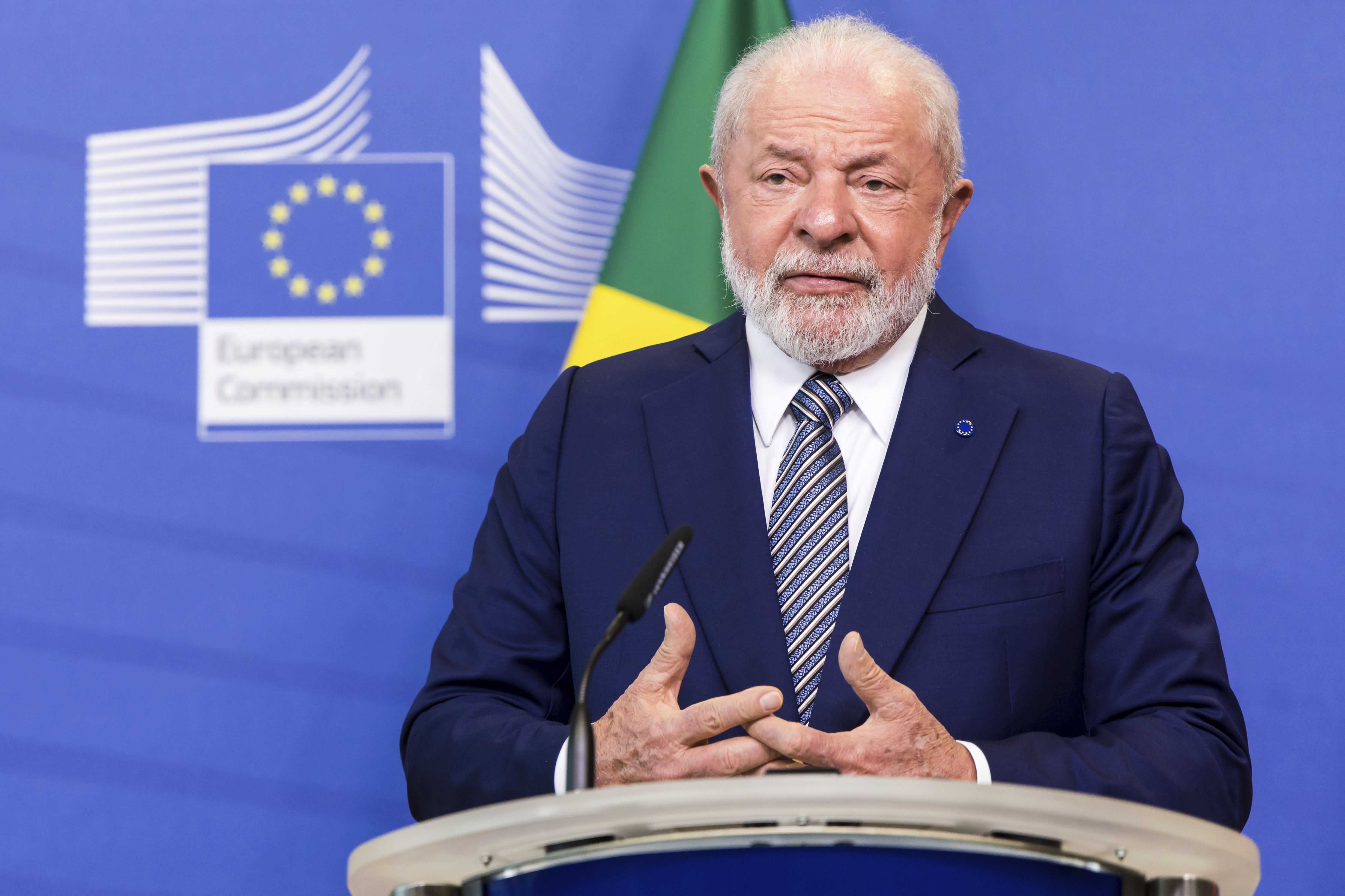 razil's President Lula da Silva addresses the media prior to a meeting with European Commission President Ursula von der Leyen at EU headquarters in Brussels, July 17, 2023.