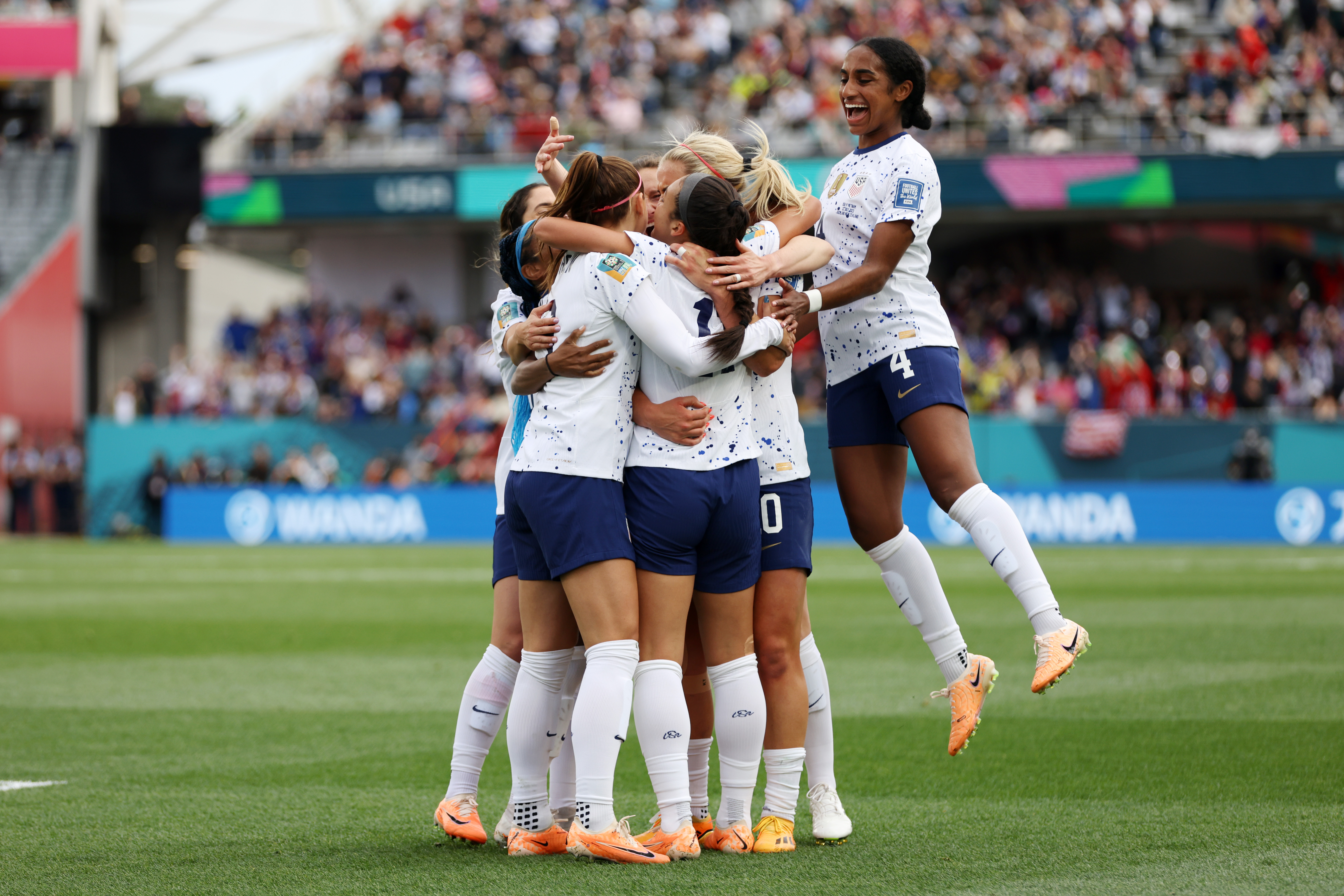AUCKLAND, NEW ZEALAND - JULY 22: Sophia Smith (C) of USA celebrates with teammates after scoring her team's first goal during the FIFA Women's World Cup Australia & New Zealand 2023 Group E match between USA and Vietnam at Eden Park on July 22, 2023 in Auckland / Tāmaki Makaurau, New Zealand. (Photo by Buda Mendes/Getty Images)