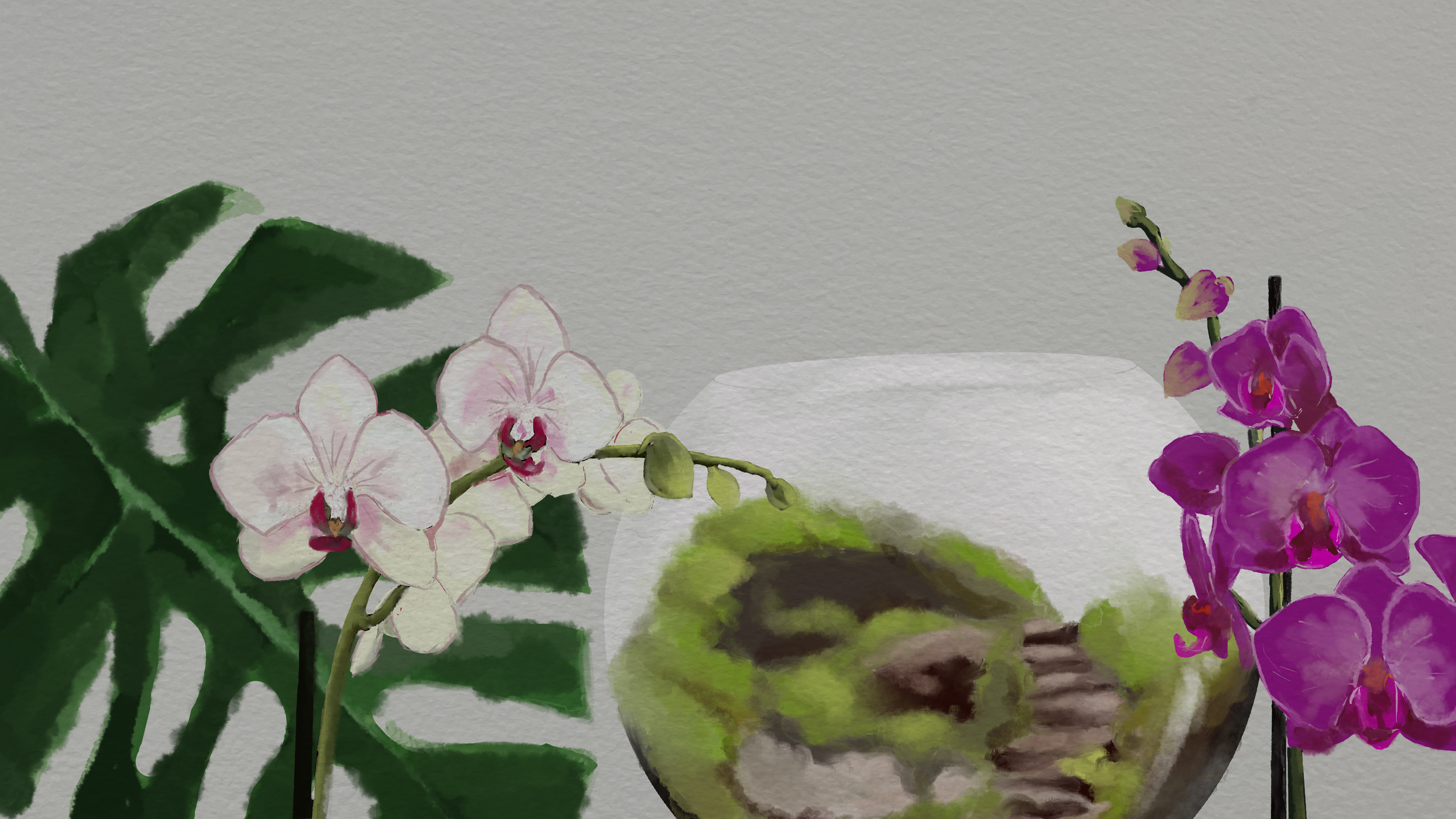 An illustration of two kinds of flowers and a globe-like structure with moss, bushes and a dirt ladder in between.