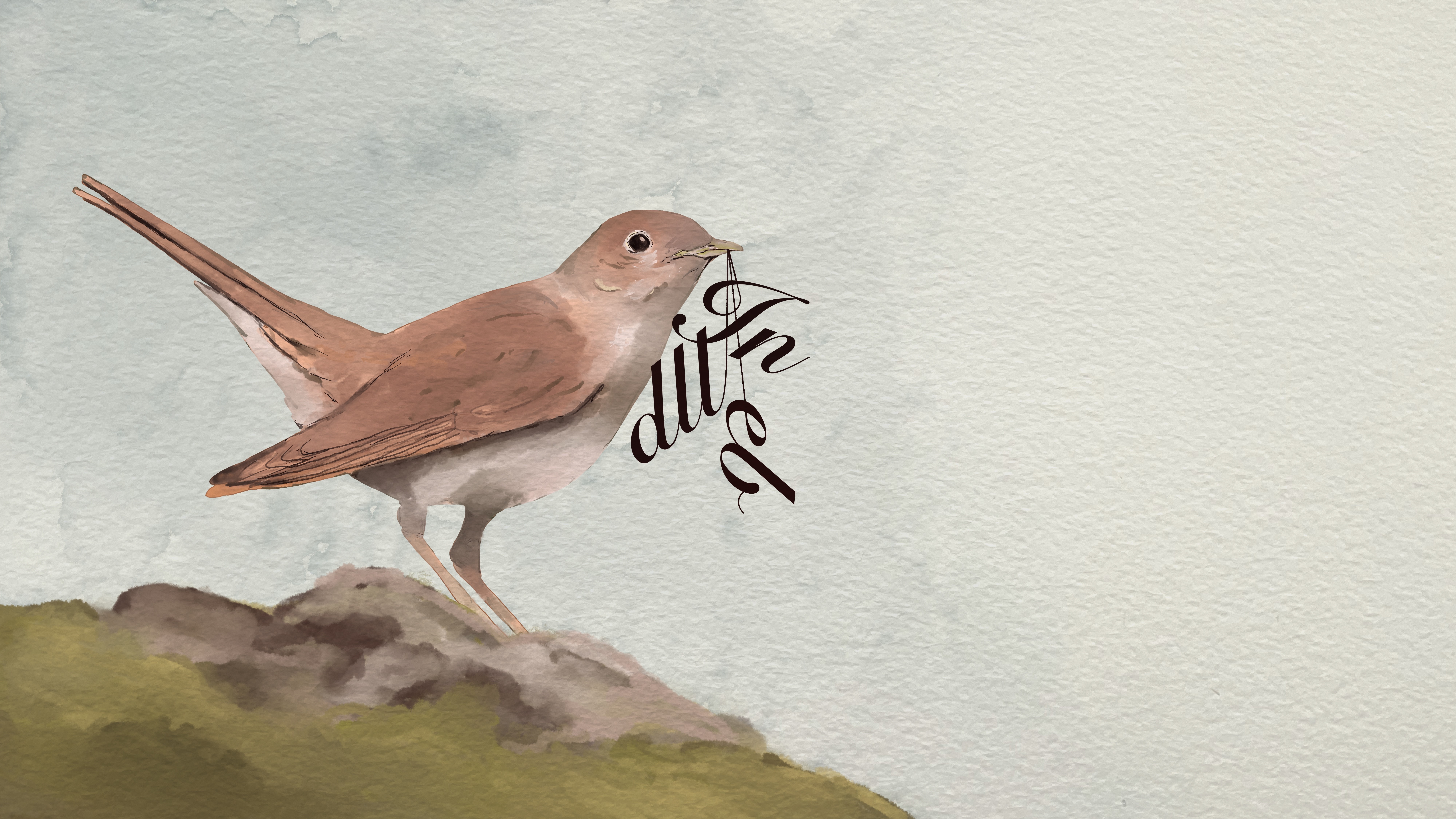 An illustration of a nightingale standing on grass and stone holding a string with letters attached.