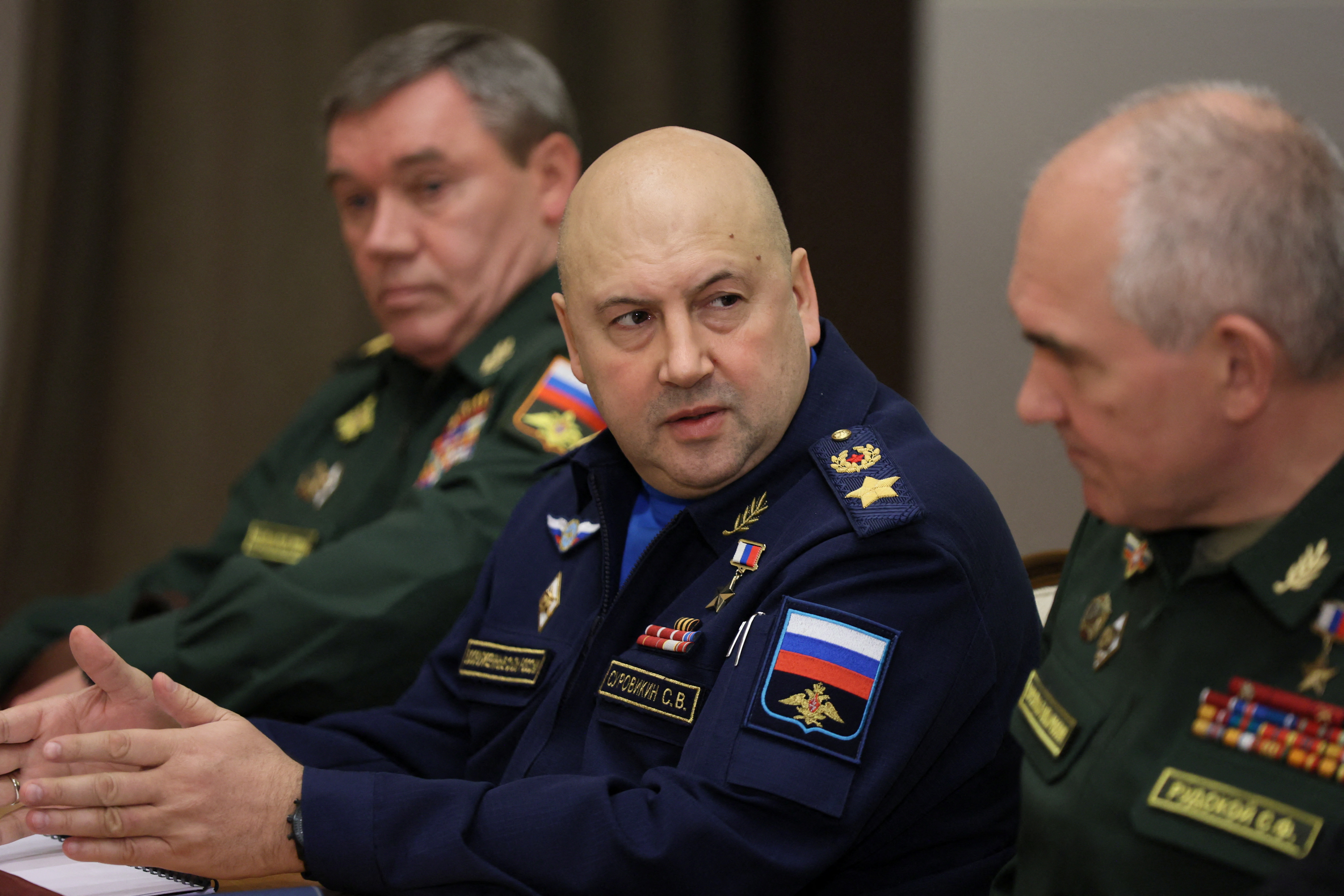 Commander of Russia's Aerospace Forces Sergei Surovikin, Chief of the General Staff of the Russian Armed Forces Valery Gerasimov and Head of the Main Operational Directorate of the Armed Forces' General Staff Sergei Rudskoi attend a meeting with President Vladimir Putin in Sochi, Russia, November 3, 2021. Sputnik/Mikhail Metzel/Pool via REUTERS ATTENTION EDITORS - THIS IMAGE WAS PROVIDED BY A THIRD PARTY.
