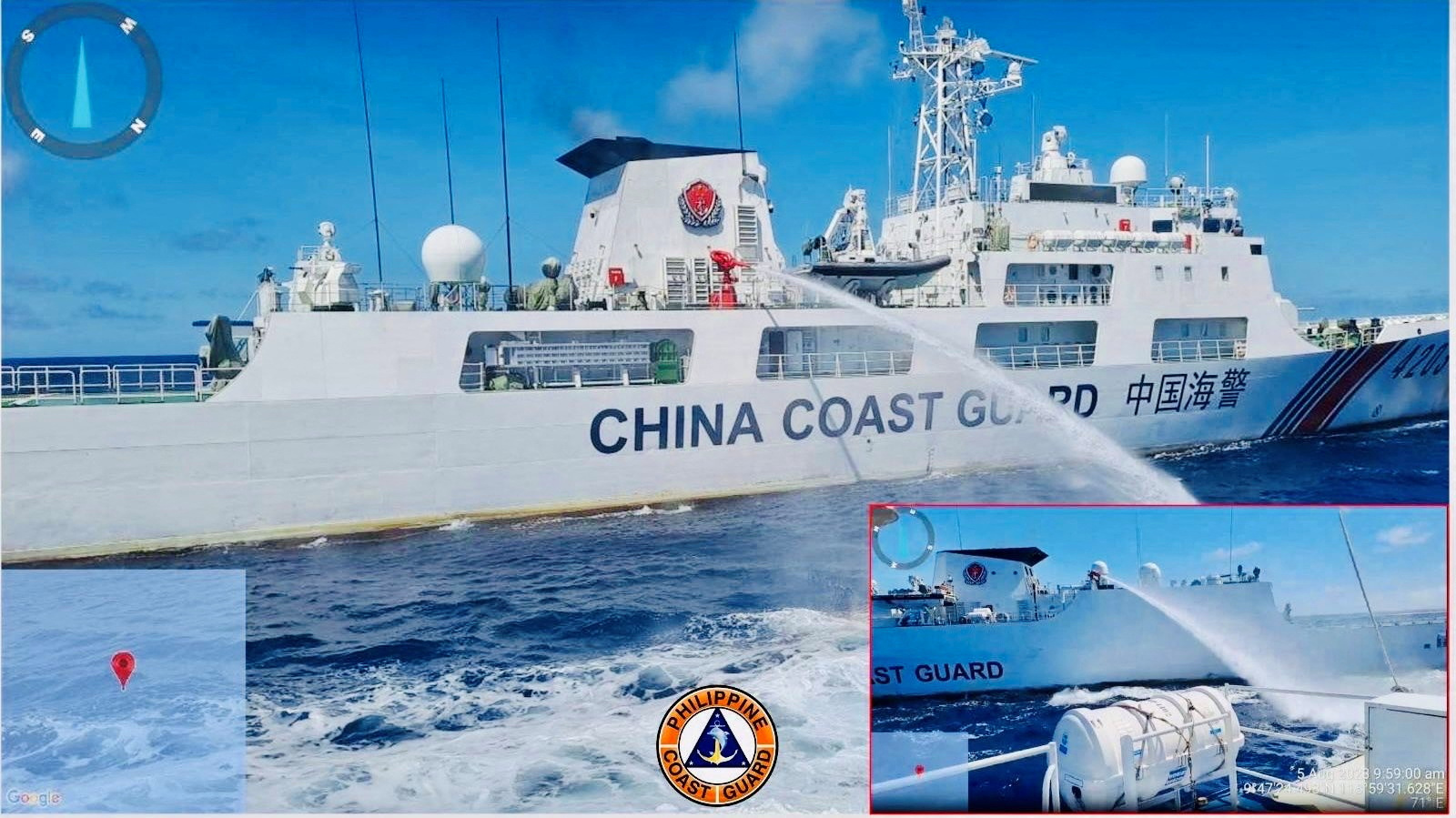 China Coast Guard uses a water cannon against the Philippine Coast Guard vessels in this handout photo released on August 6, 2023.