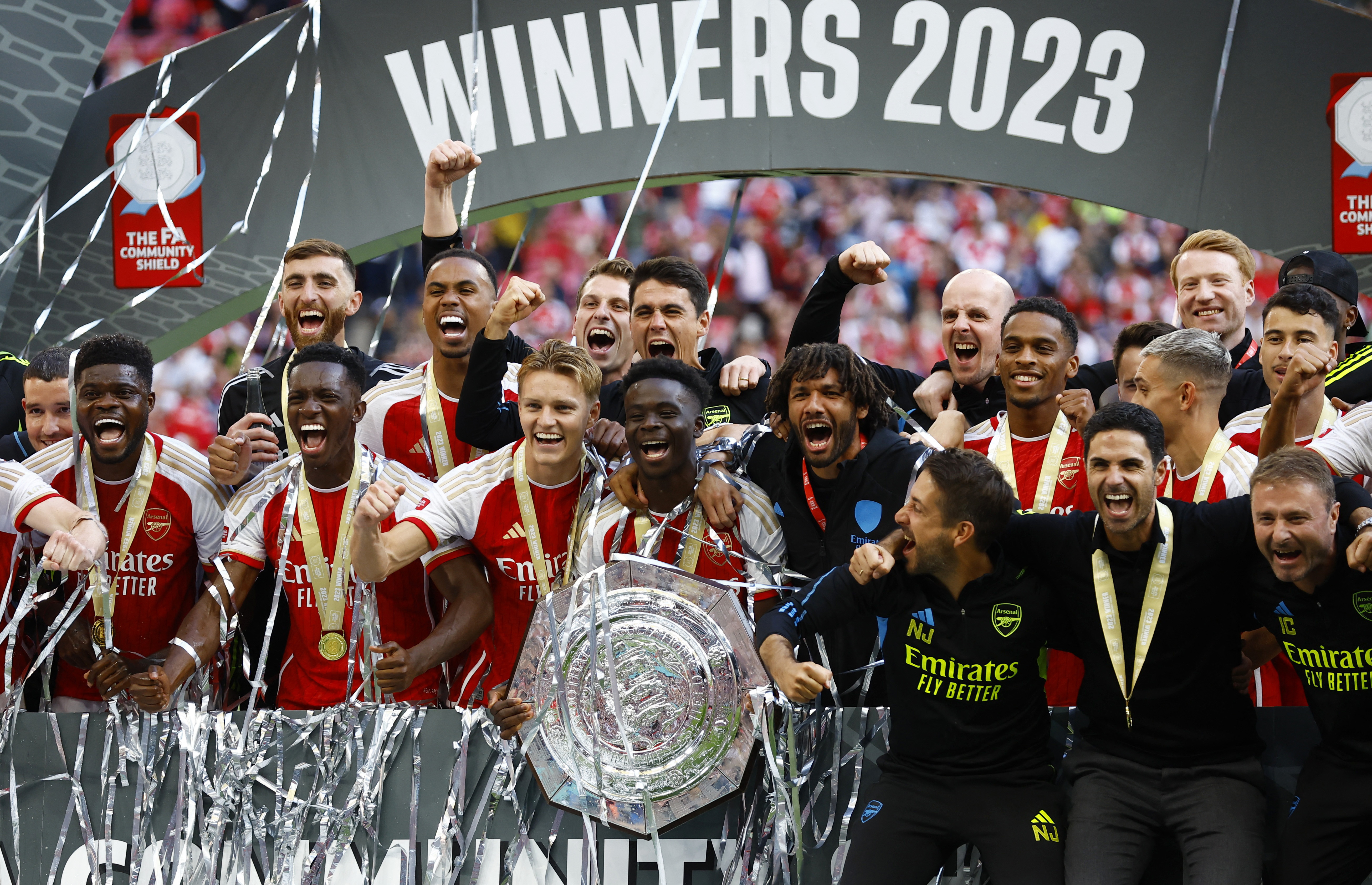 Community Shield win celebrated by Arsenal players