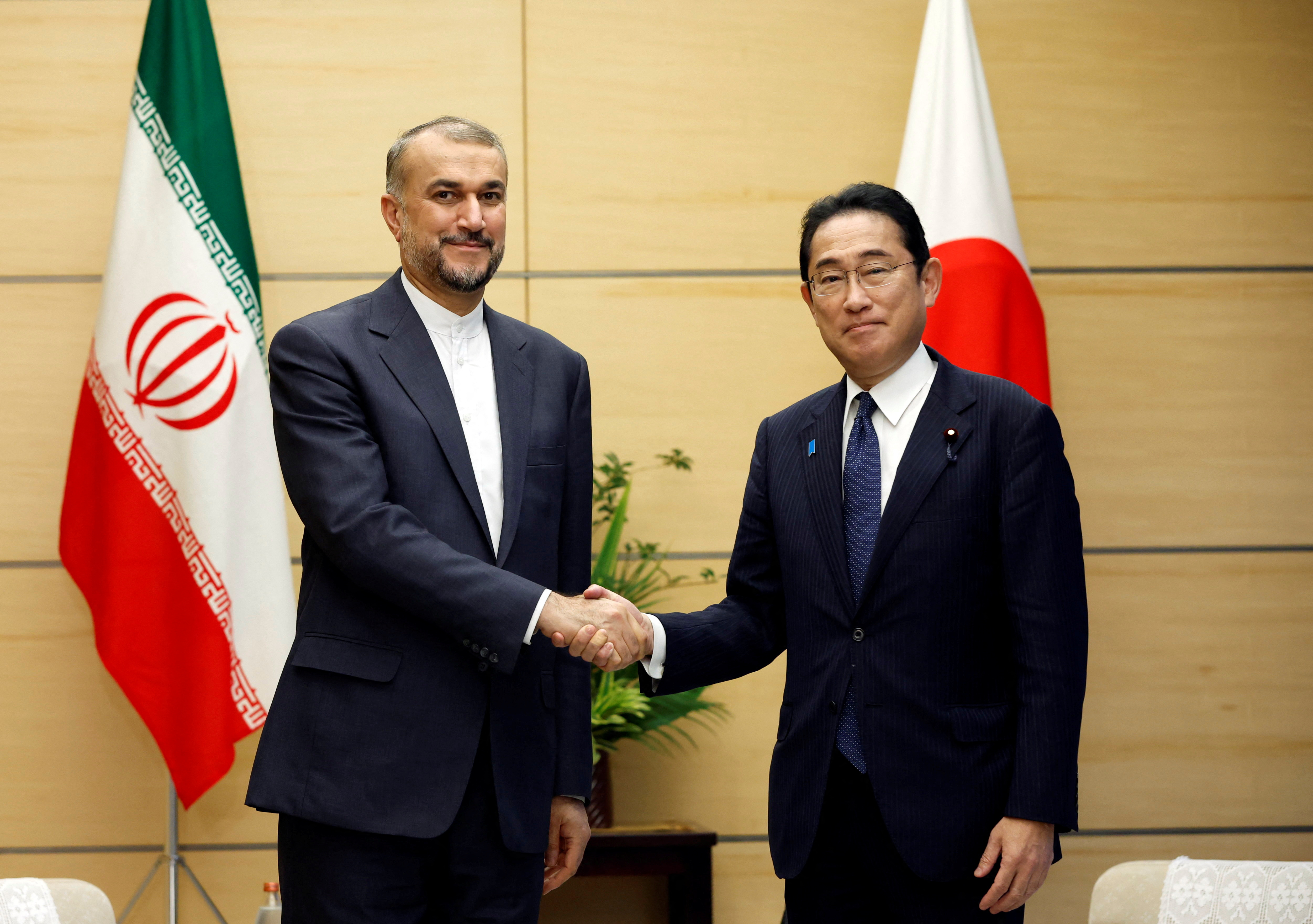Iranian Foreign Minister Hossein Amirabdollahian meets with Japanese Prime Minister Fumio Kishida at Kishida's official residence in Tokyo, Japan August 7, 2023. REUTERS/Issei Kato/Pool