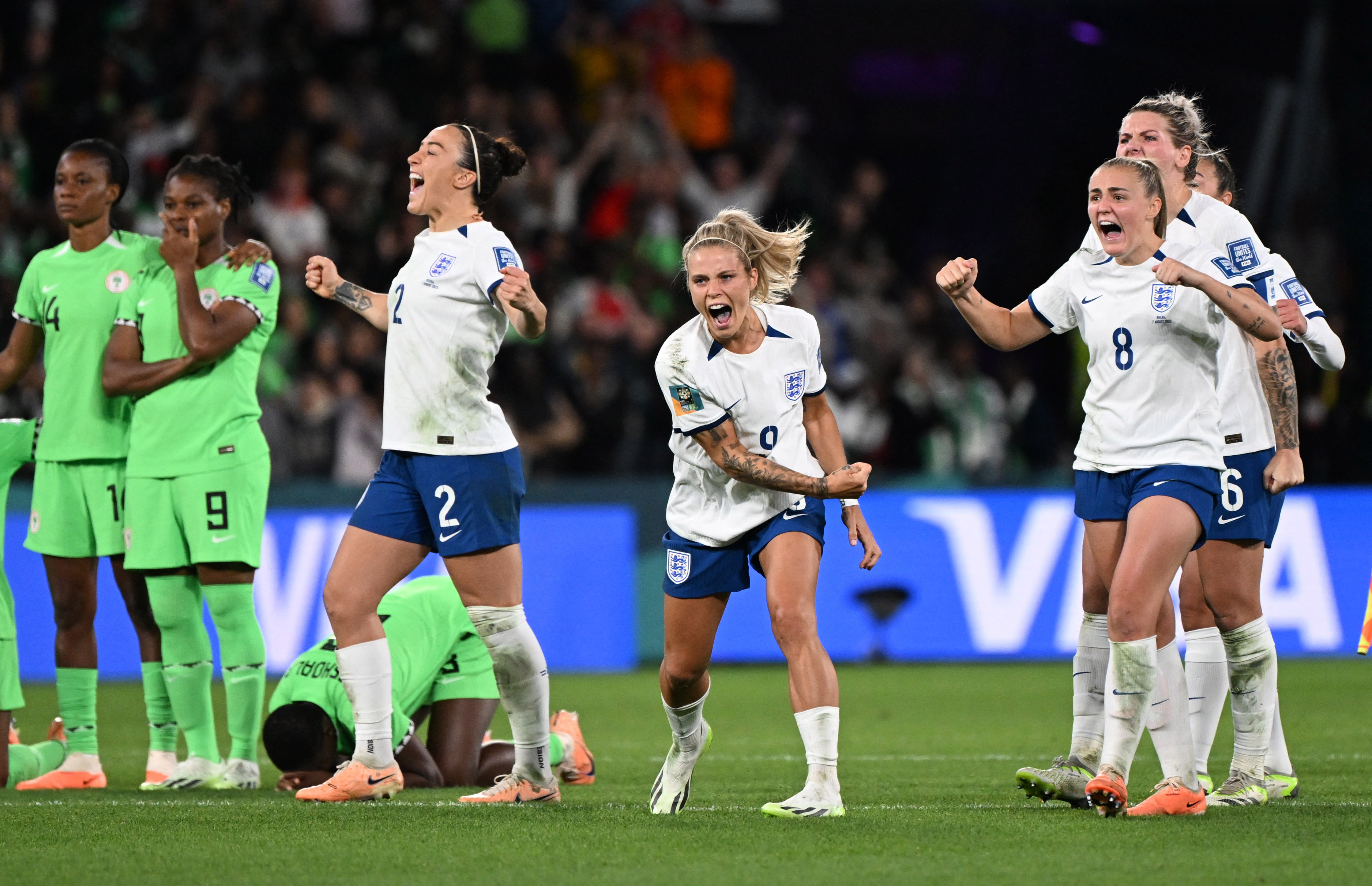 England's Rachel Daly and Georgia Stanway celebrate during the penalty shootout