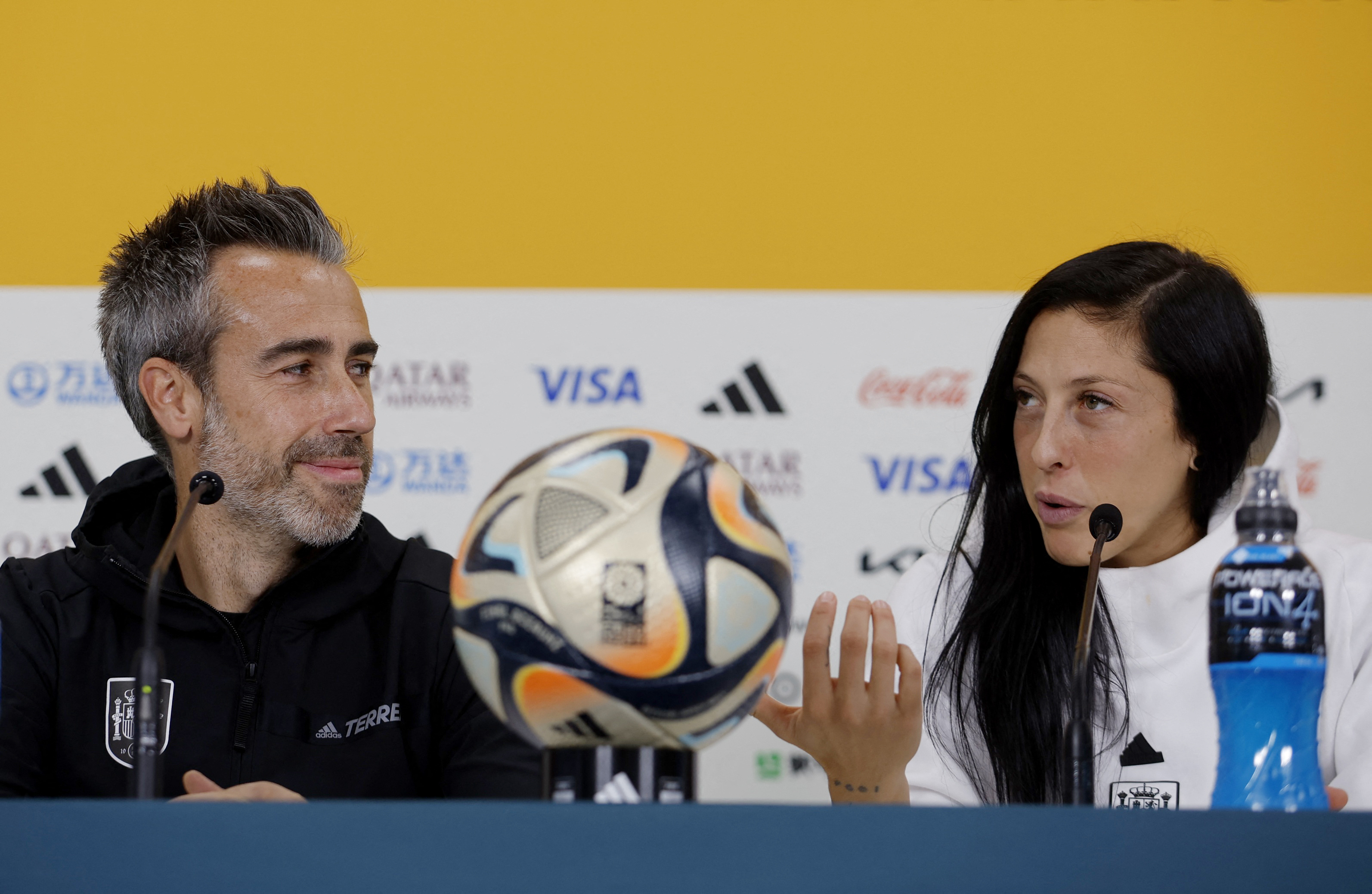 Spain coach Jorge Vilda with Jennifer Hermoso during the press conference 
