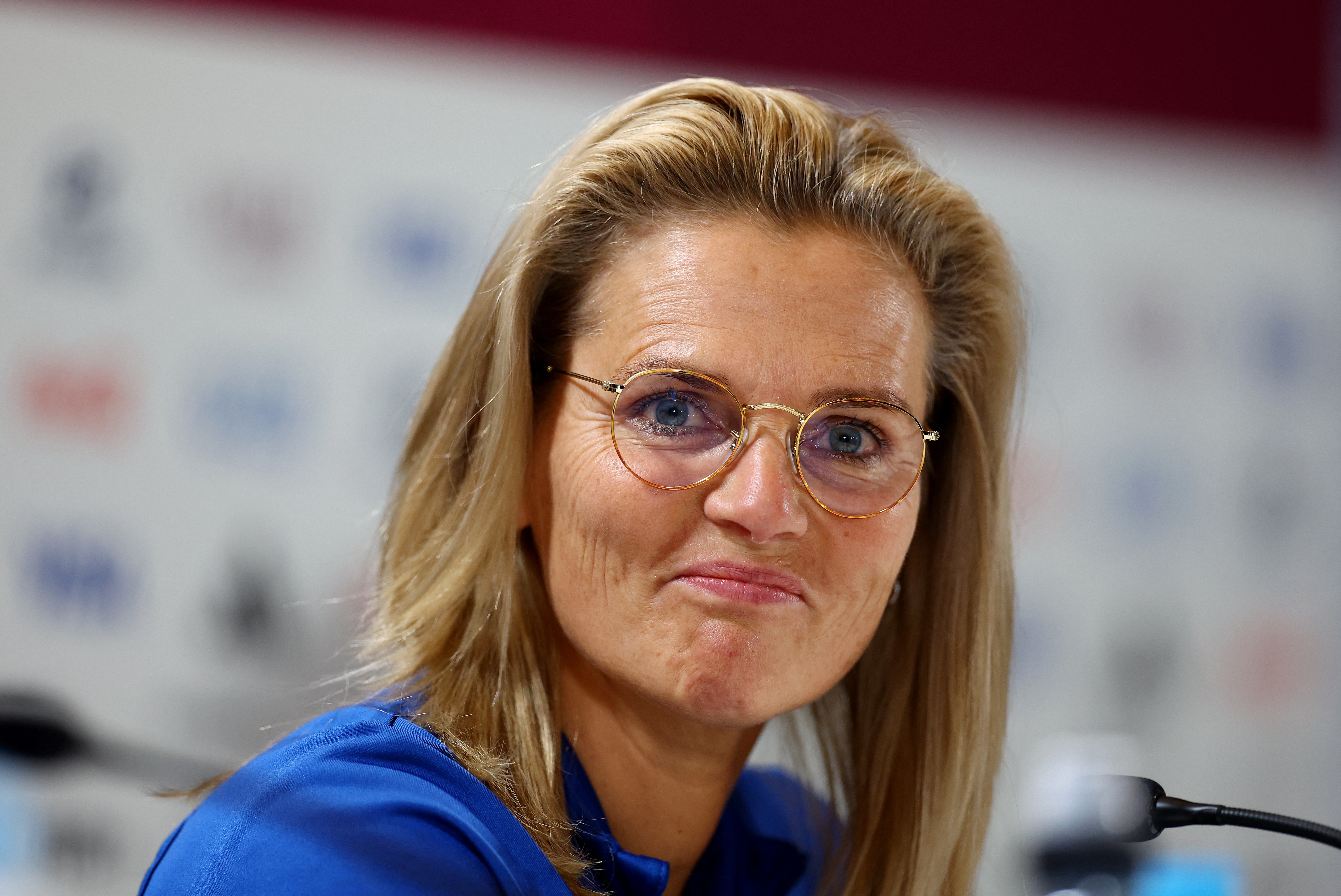 England manager Sarina Wiegman smiles during a press conference