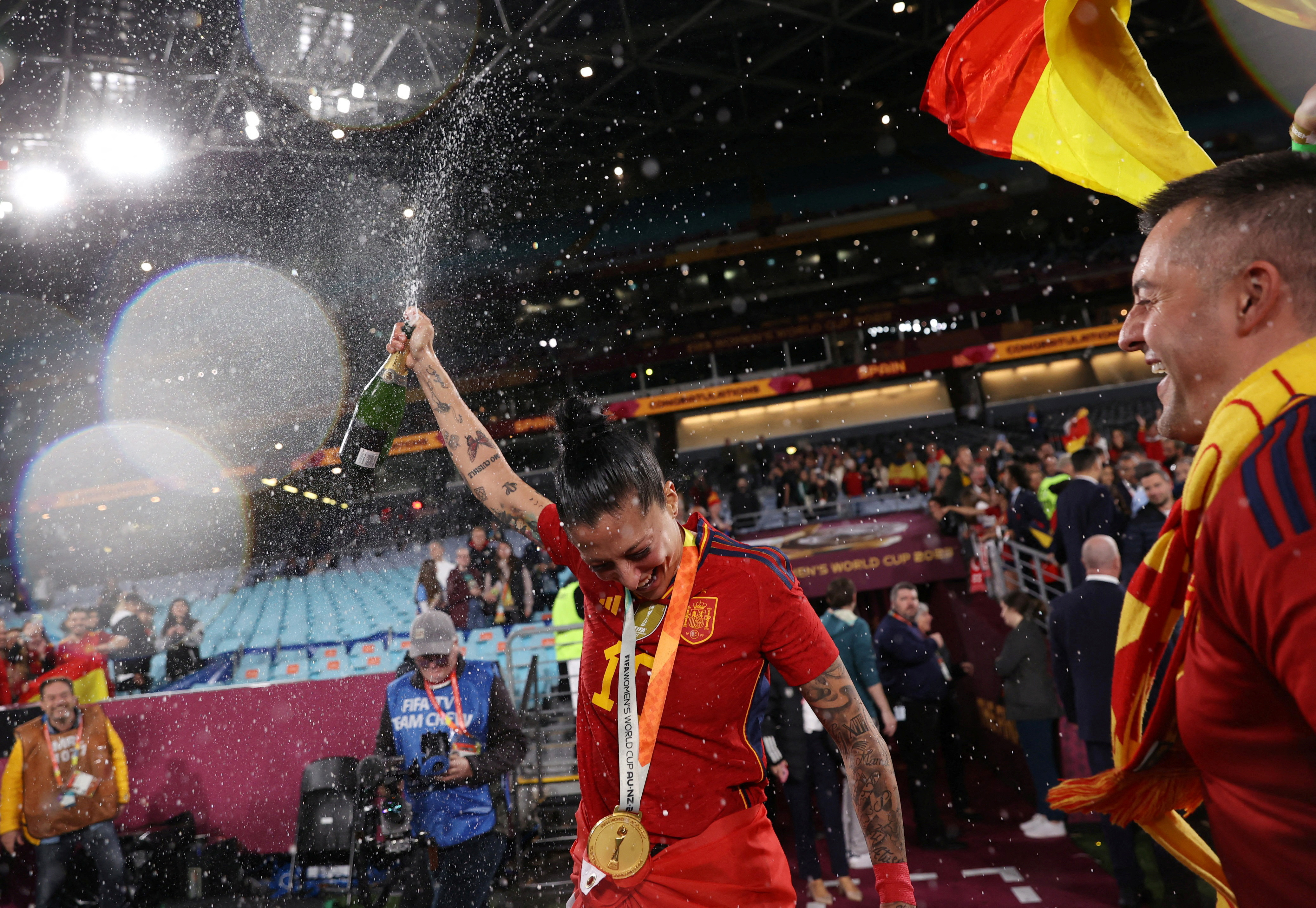 Spain's Jennifer Hermoso celebrates after winning the World Cup [Amanda Perobelli/Reuters]
