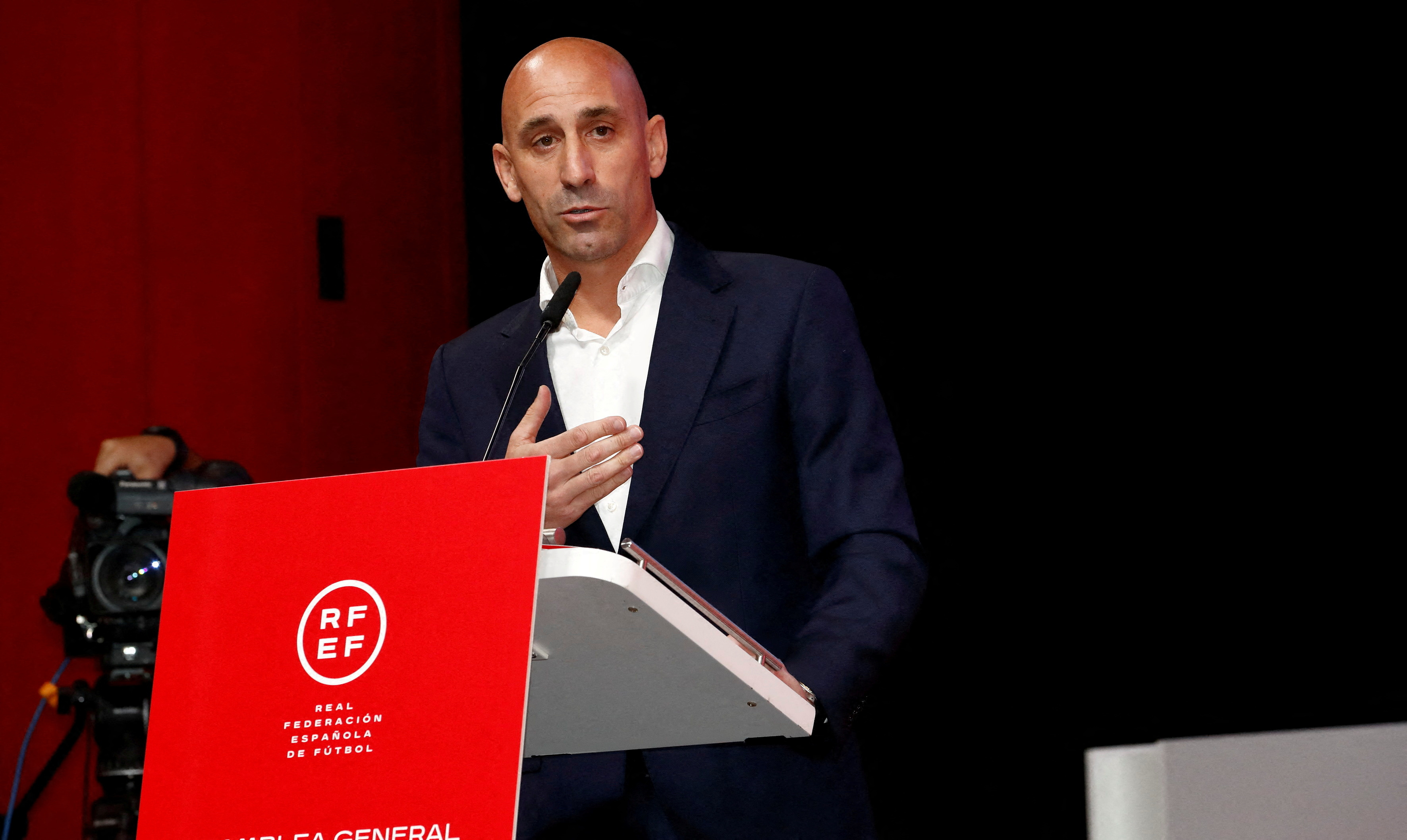 President of the Royal Spanish Football Federation Luis Rubiales announces he will be staying as president during a meeting