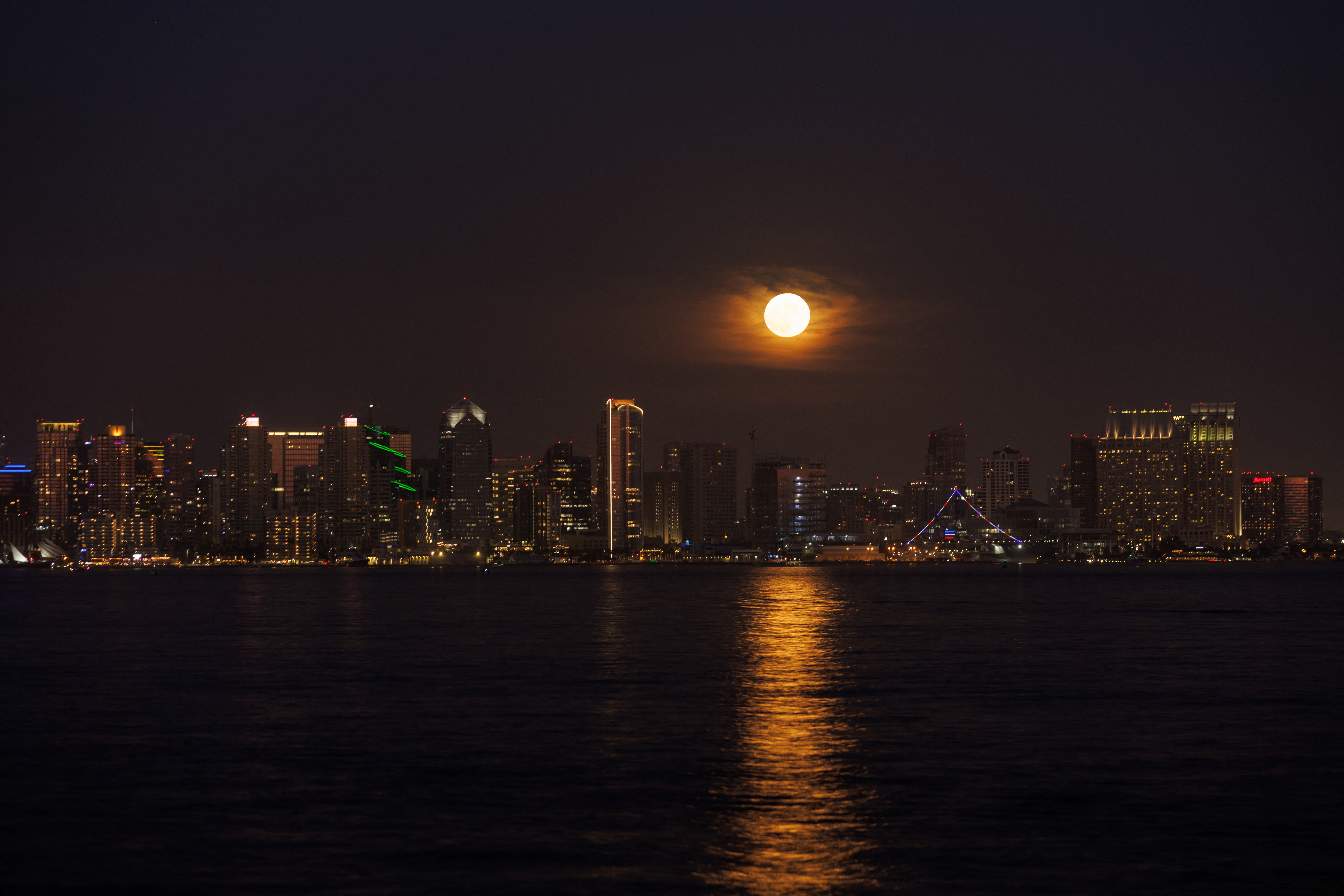 A super moon, known as the Blue Moon, rises above the city of San Diego