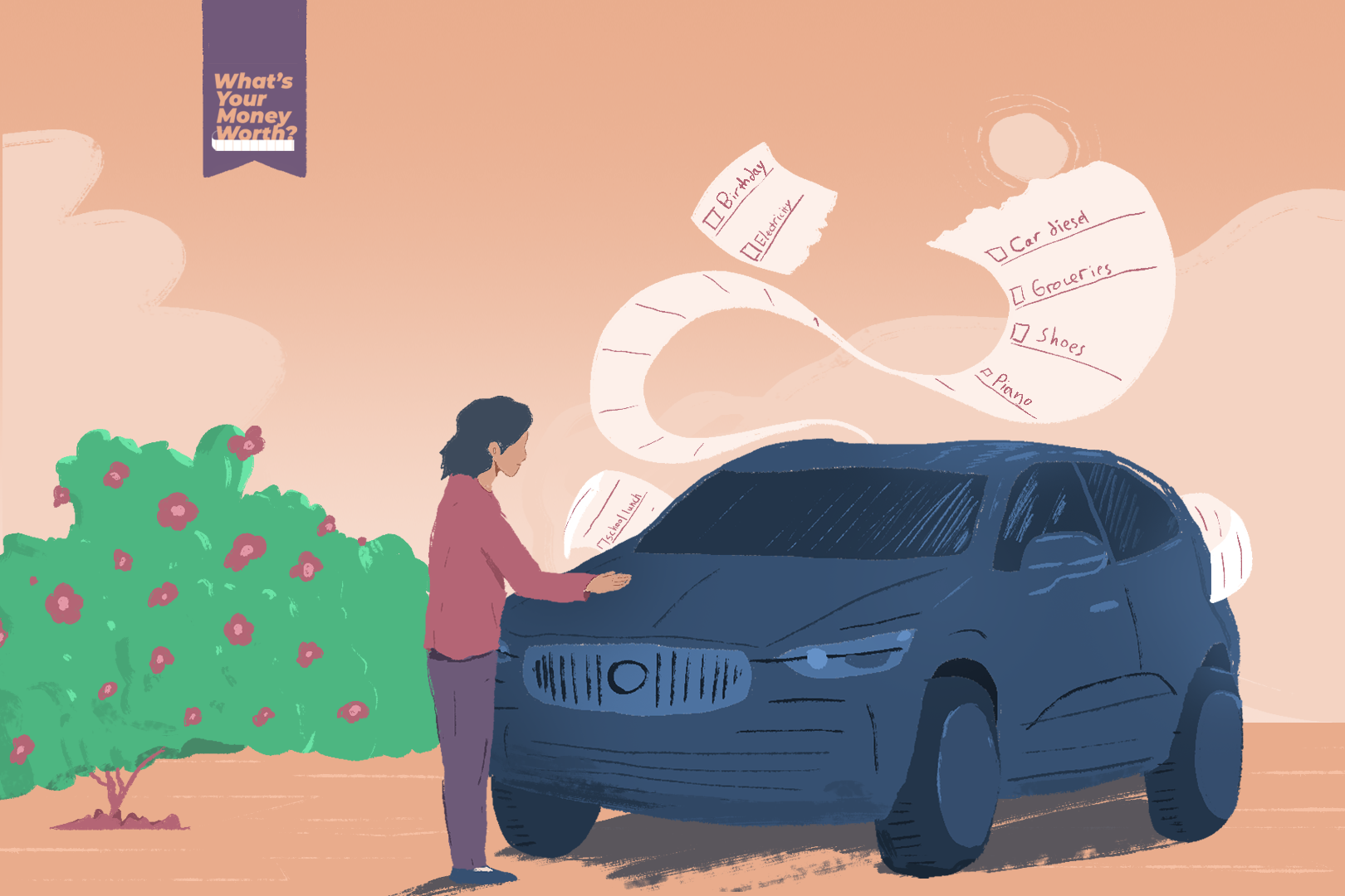 A drawing of a woman and her car