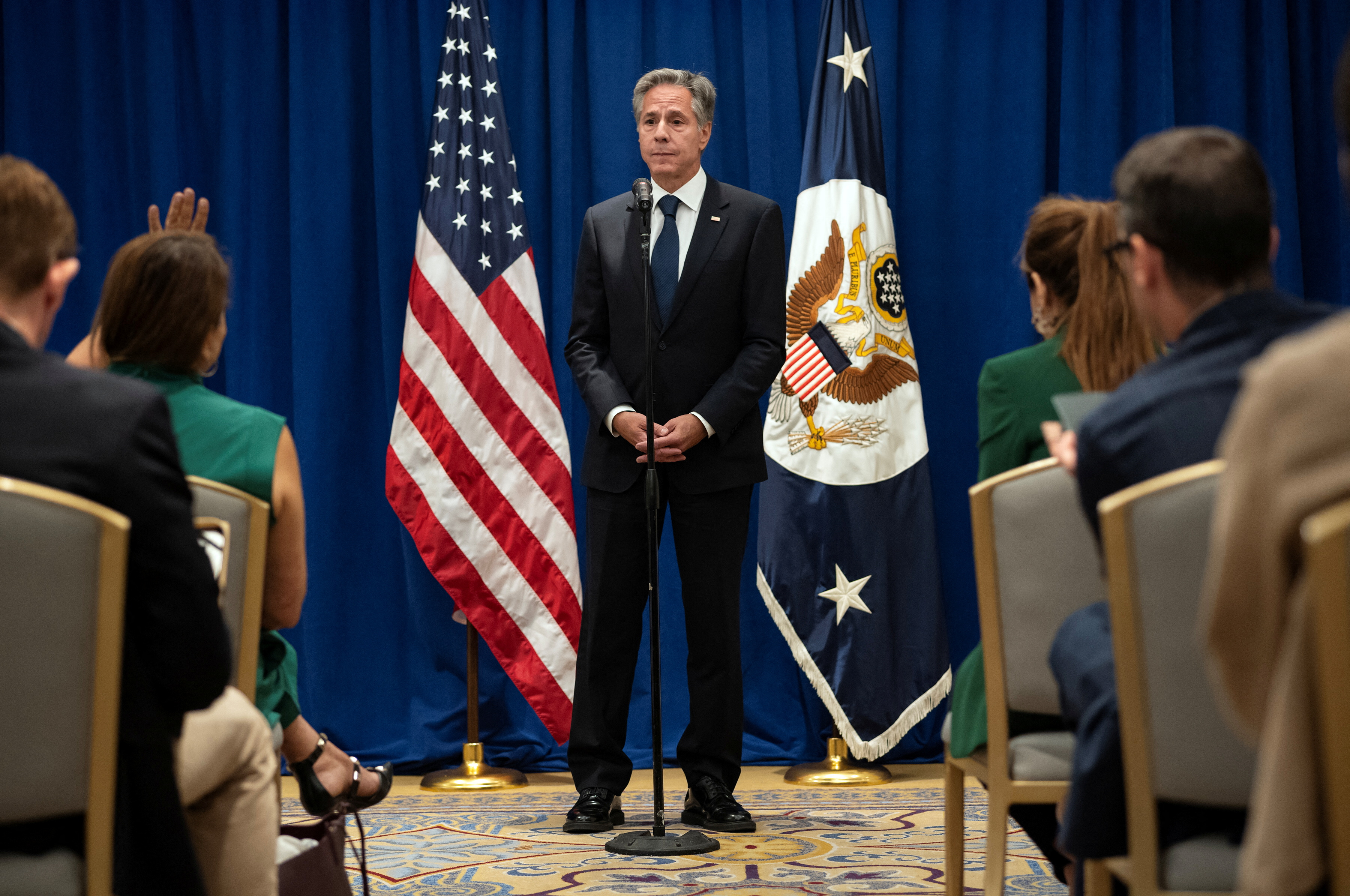 US Secretary of State Antony Blinken speaks at a news conference as he announces that five Americans who had been jailed for years in Iran have been freed, in New York, U.S. Sept. 18, 2023.