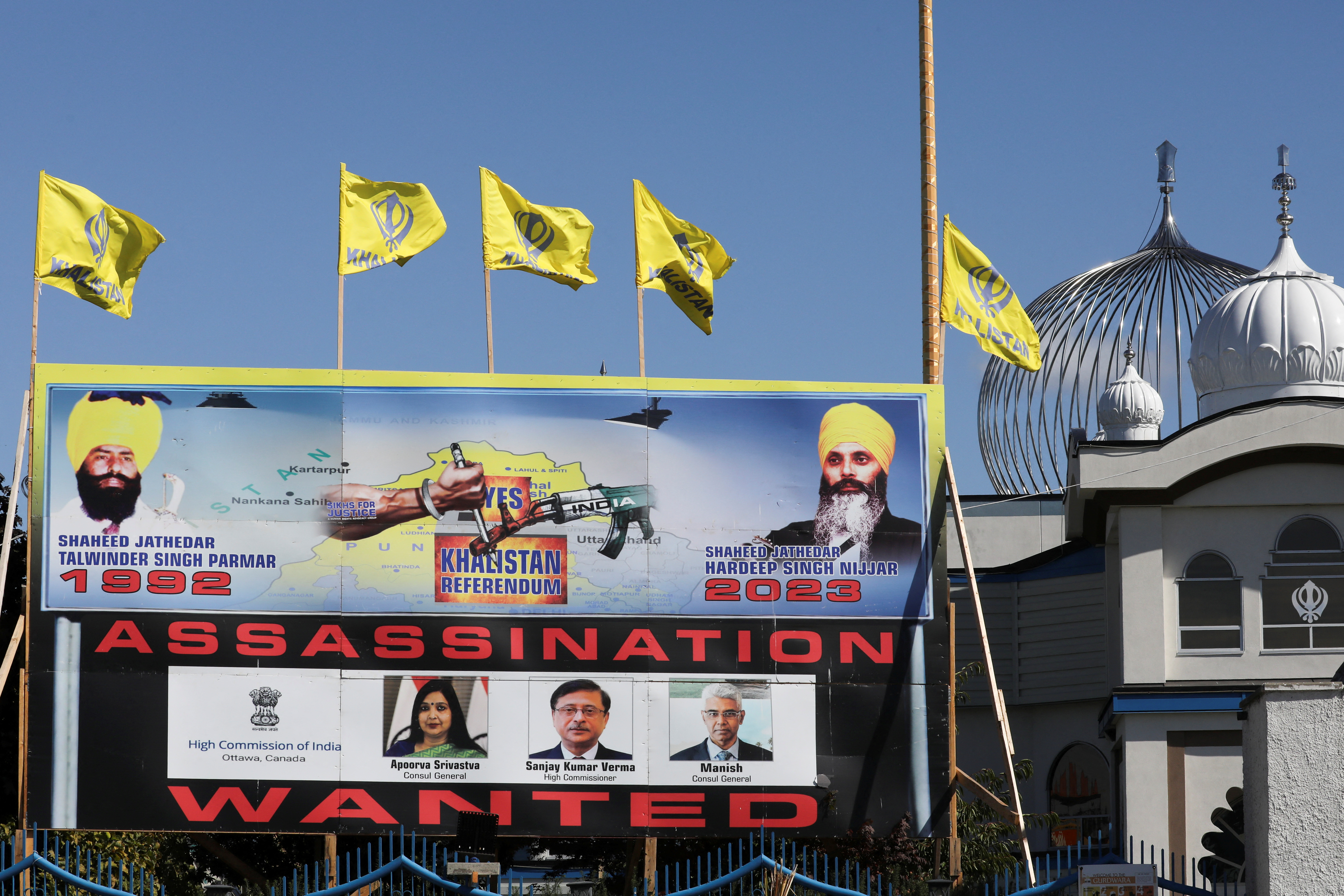 A sign outside the Guru Nanak Sikh Gurdwara temple is seen after the killing on its grounds in June 2023 of Sikh leader Hardeep Singh Nijjar, in Surrey, British Columbia, Canada September 18, 2023. REUTERS/Chris Helgren