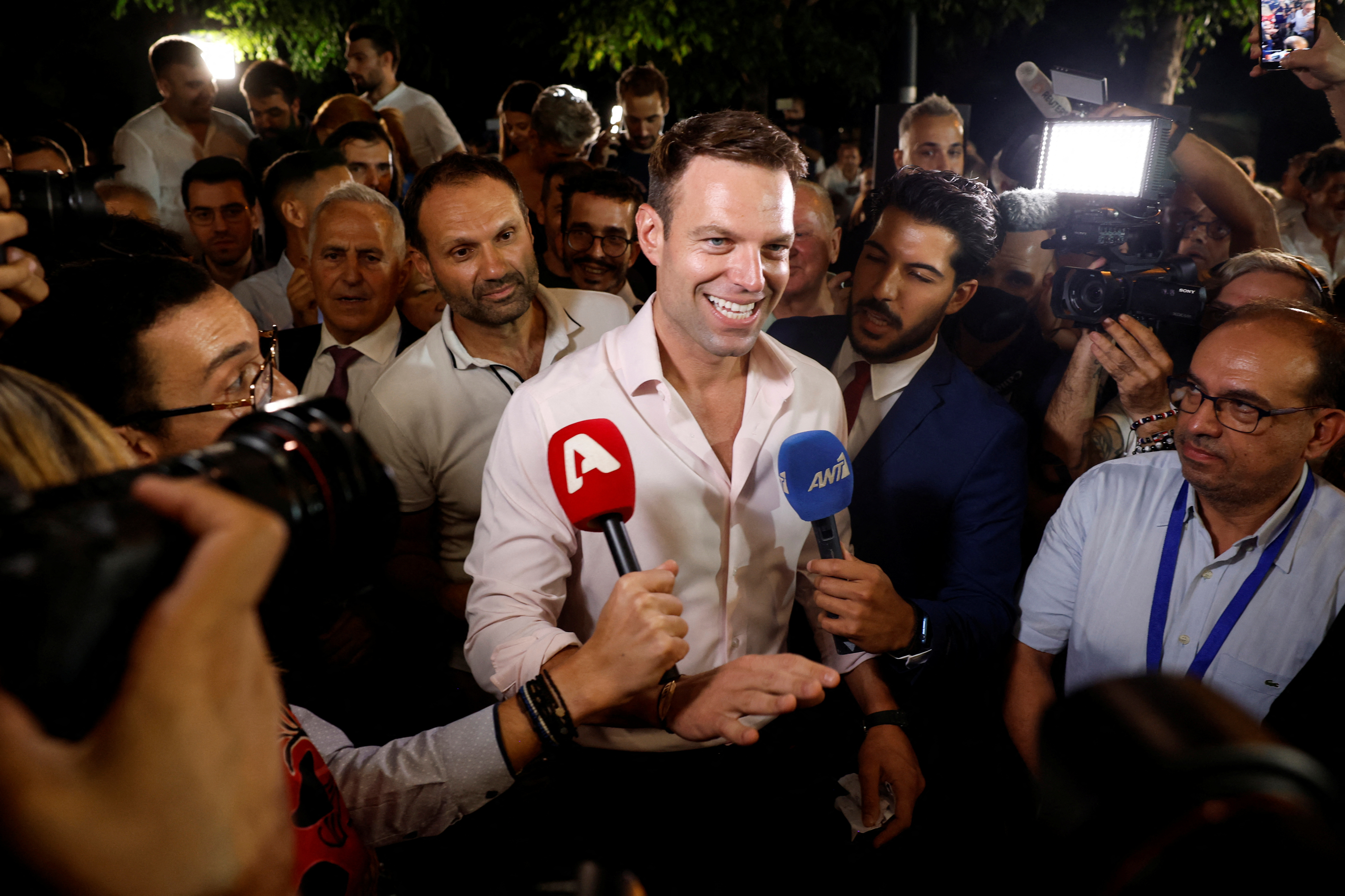 The newly elected leader of Syriza leftist party, Stefanos Kasselakis walks outside the party's headquarters in Athens, Greece, September 25, 2023. REUTERS/Louisa Gouliamaki