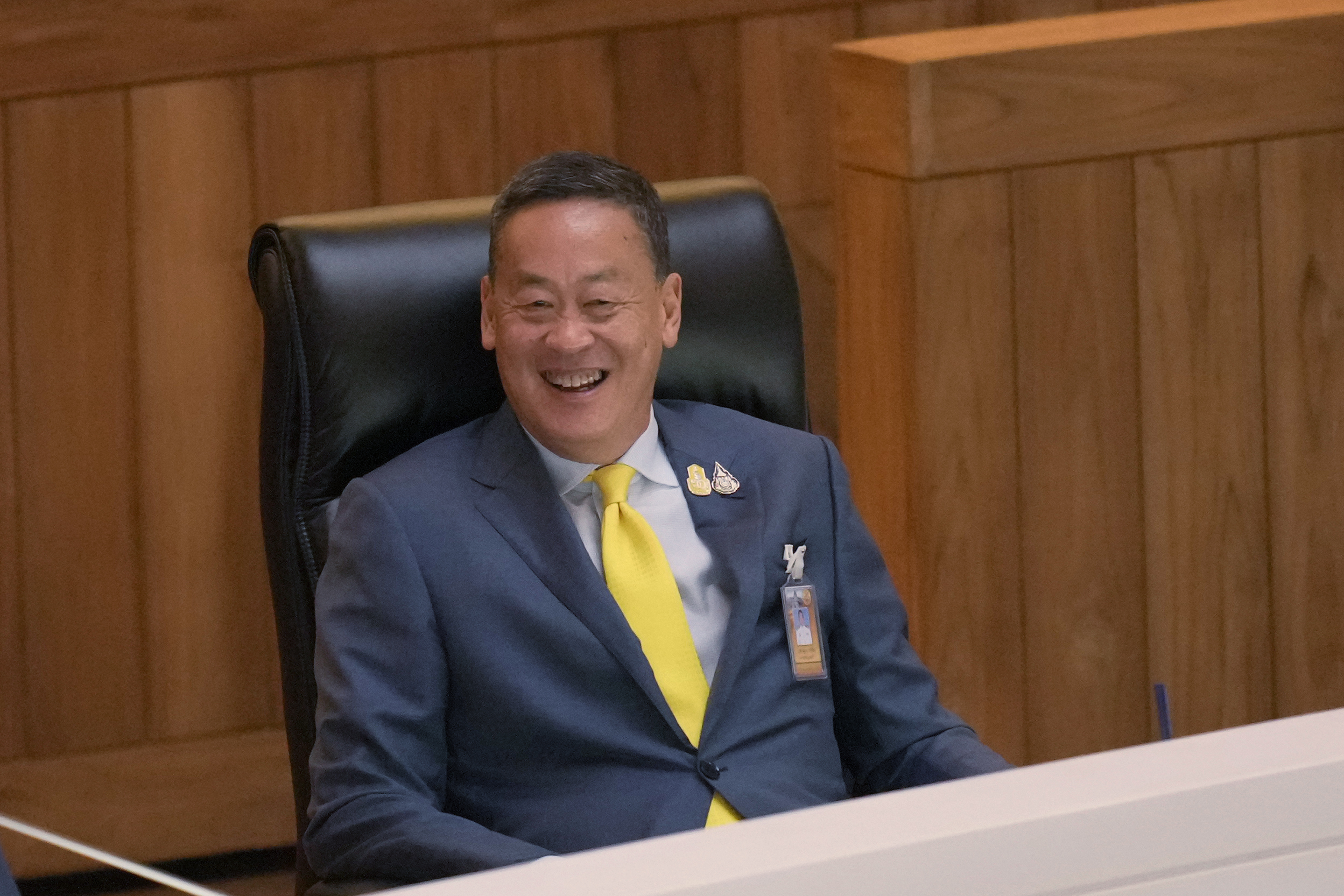 Thailand's Prime Minister Srettha Thavisin reacts before he reads the policy statement at Parliament in Bangkok, Thailand, Monday, Sept. 11, 2023.