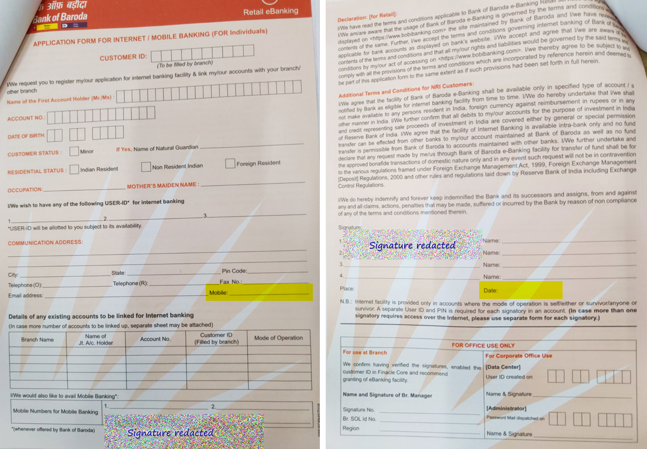 A customer’s application for mobile banking, before the branch staff filled it. 