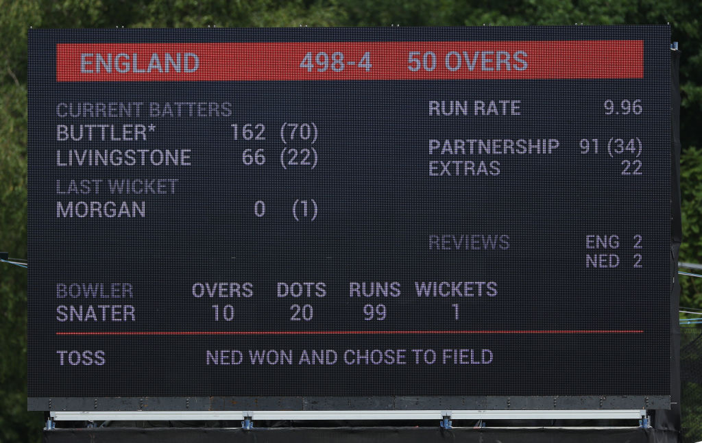 The scoreboard shows Englands new World Record total for a 50 over International match of 498-4 during the 1st One Day