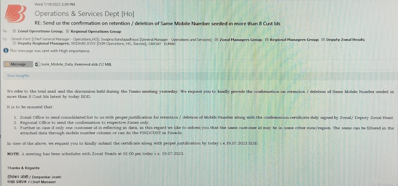 This email from the bank’s head office to all zonal and regional offices came with a pan-India list of mobile numbers linked with more bank accounts than permissible.