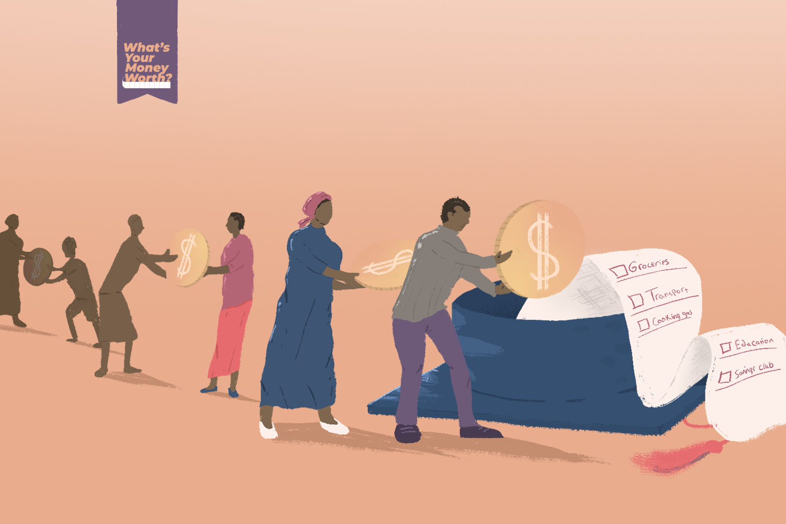 An illustration of people standing in a line passing large coins to each other with a giant backwards graduation cap spilling a long list/receipt on the side.