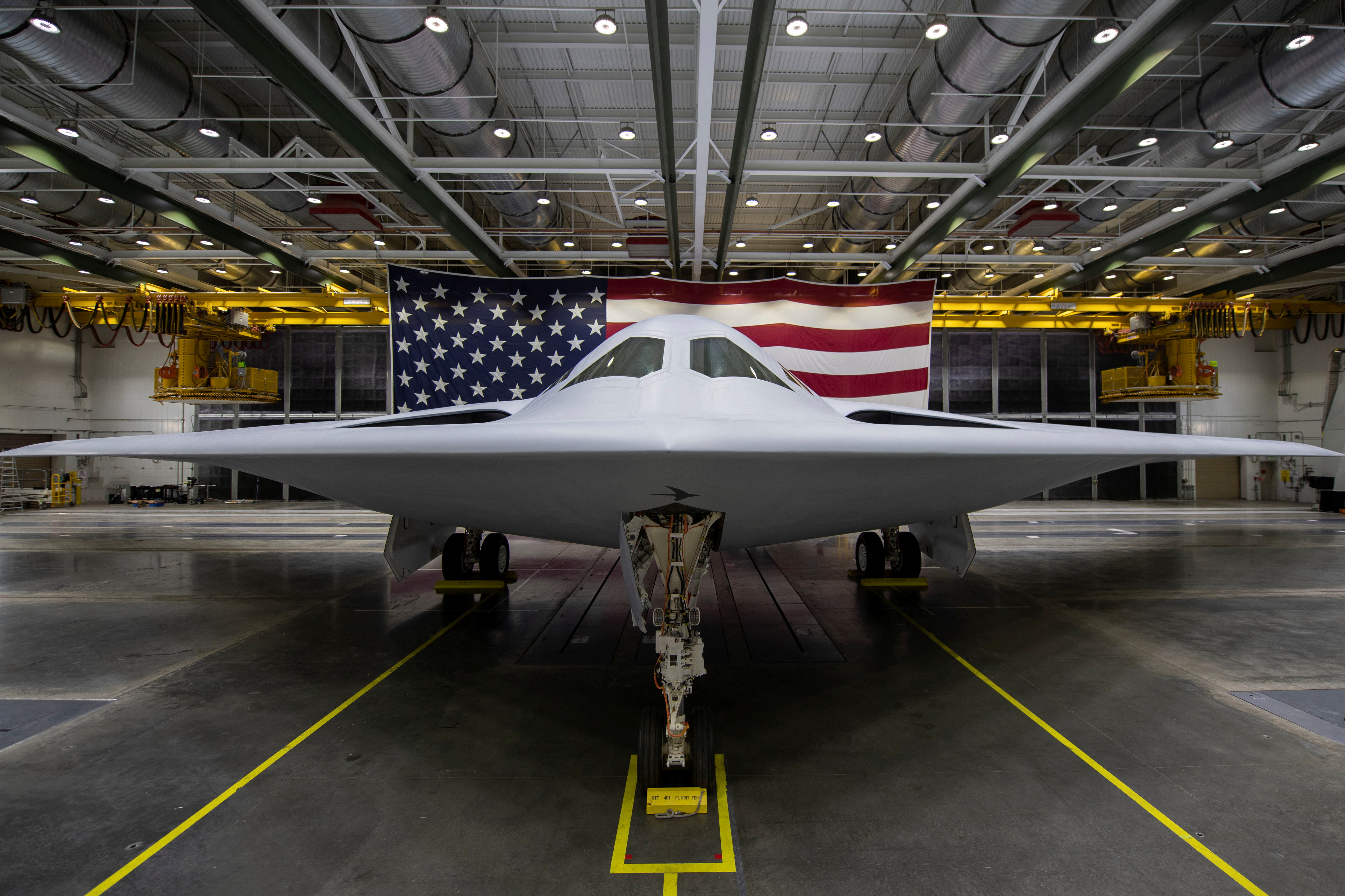 A B-21 stealth bomber in a hangar