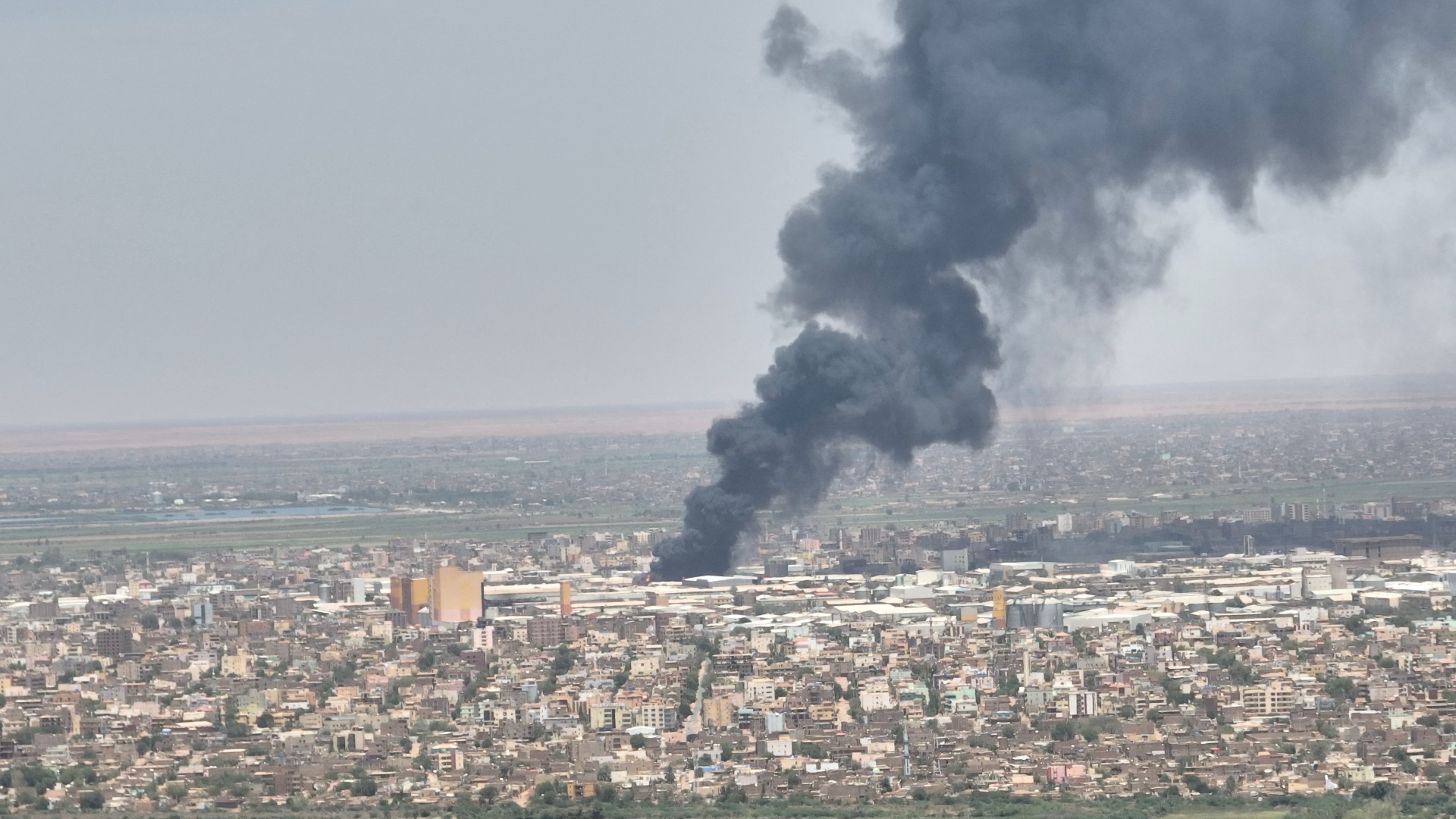 Drone footage shows black smoke over Khartoum North on May 1, 2023