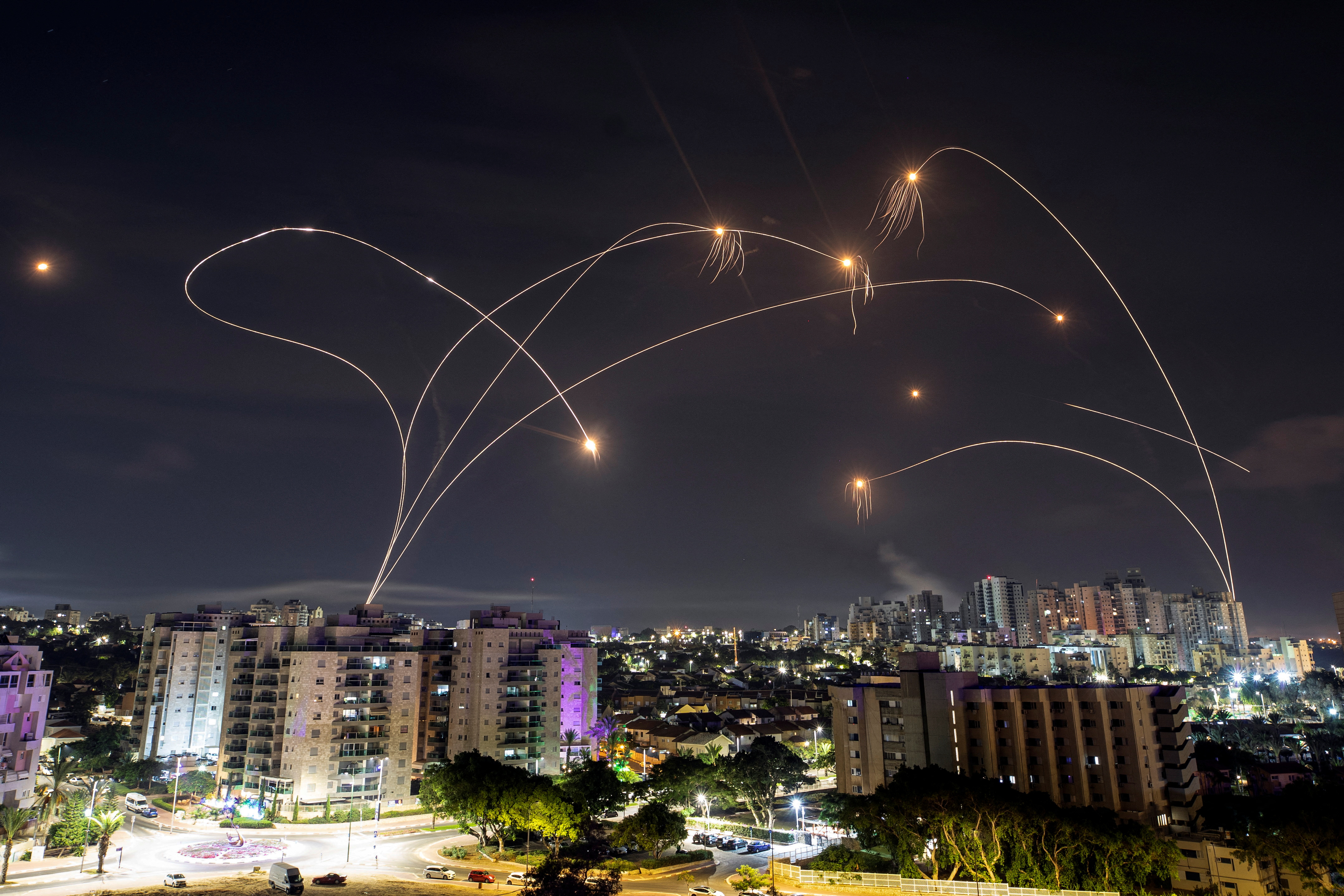 Israel's Iron Dome anti-missile system intercepts rockets launched from the Gaza Strip, as seen from Ashkelon in southern Israel