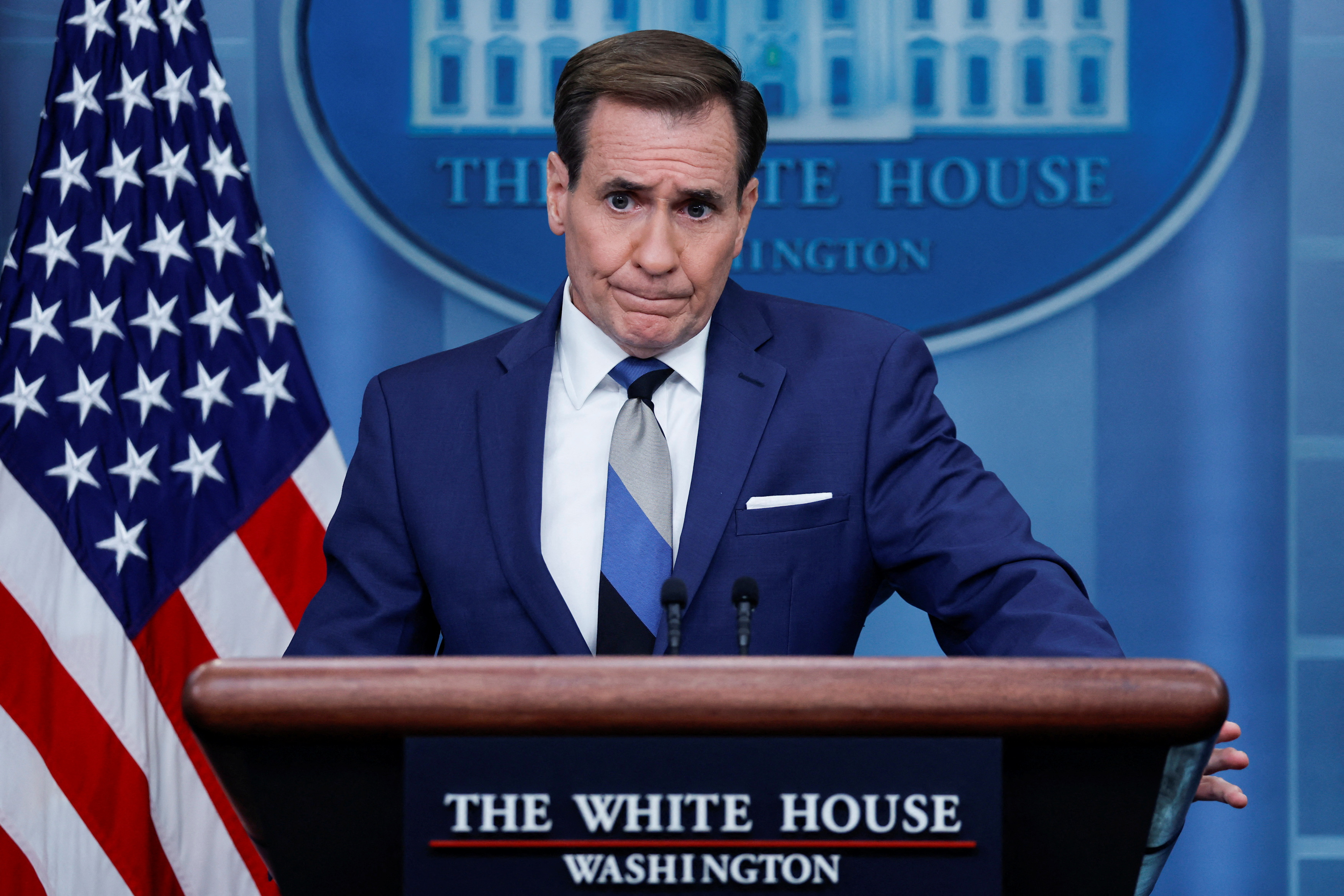 U.S. White House National Security Council Strategic Communications Coordinator John Kirby takes questions on the situation in Israel as he joins White House Press Secretary Karine Jean-Pierre for the daily press briefing at the White House in Washington