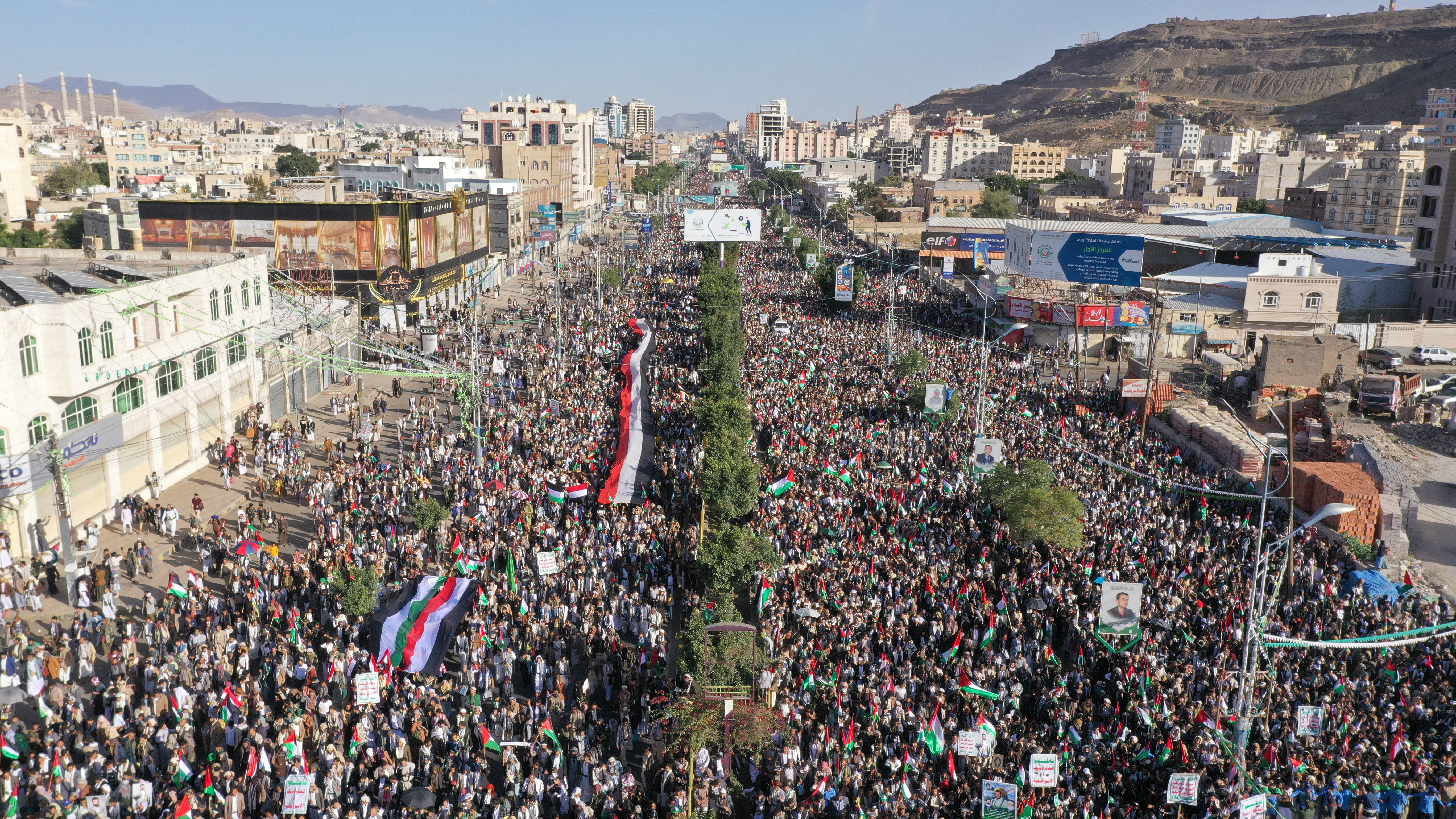 Yemenis gather during a pro-Palestinian protest to express solidarity with Palestinians in Gaza, in Sanaa, Yemen