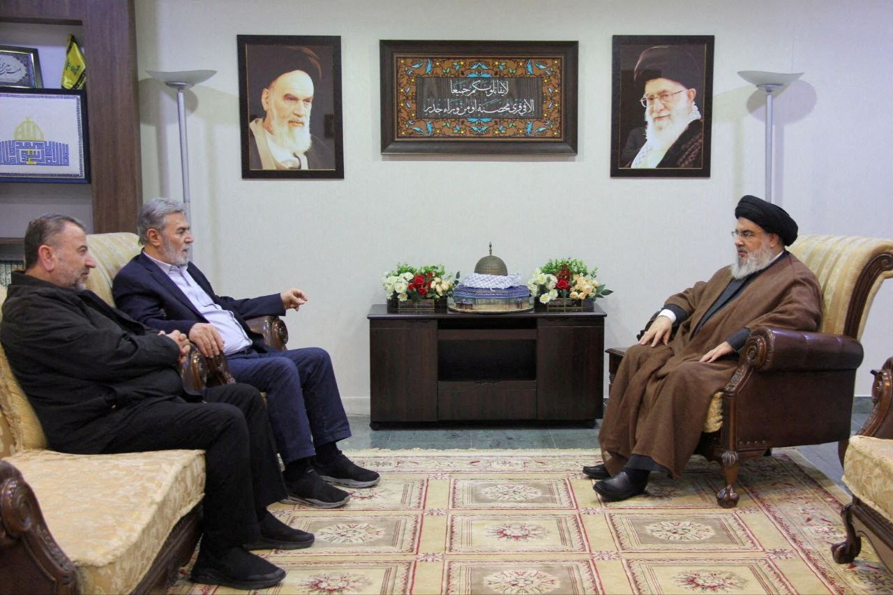Lebanon's Hezbollah leader Sayyed Hassan Nasrallah meets Jihad Secretary General Ziyad al-Nakhalah and deputy leader of Hamas, Sheikh Saleh al-Arouri