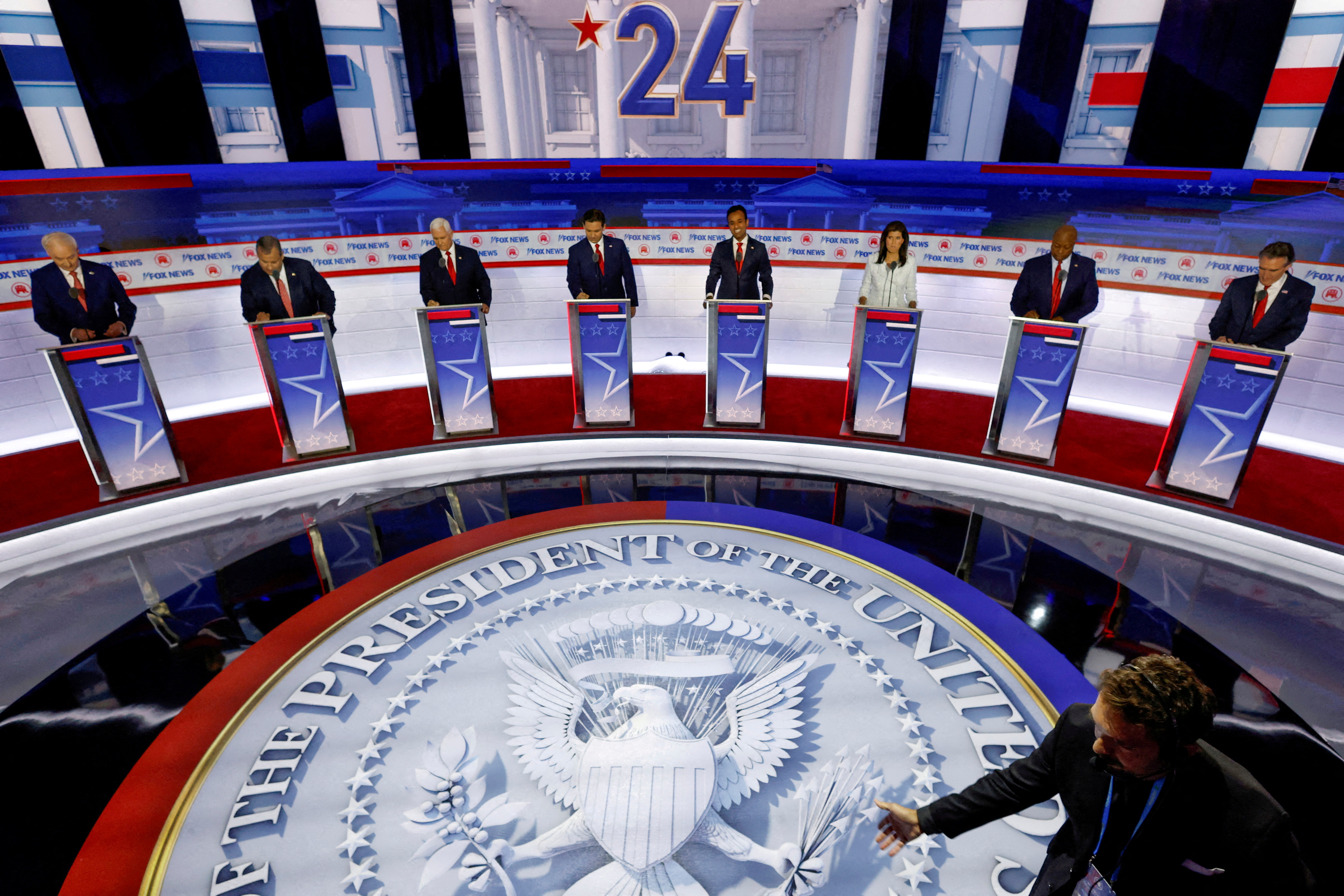 Former Arkansas Governor Asa Hutchinson, former New Jersey Governor Chris Christie, former U.S. Vice President Mike Pence, Florida Governor Ron DeSantis, businessman Vivek Ramaswamy, former South Carolina Governor Nikki Haley, U.S. Senator Tim Scott (R-SC) and North Dakota Governor Doug Burgum debate at the first Republican candidates' debate