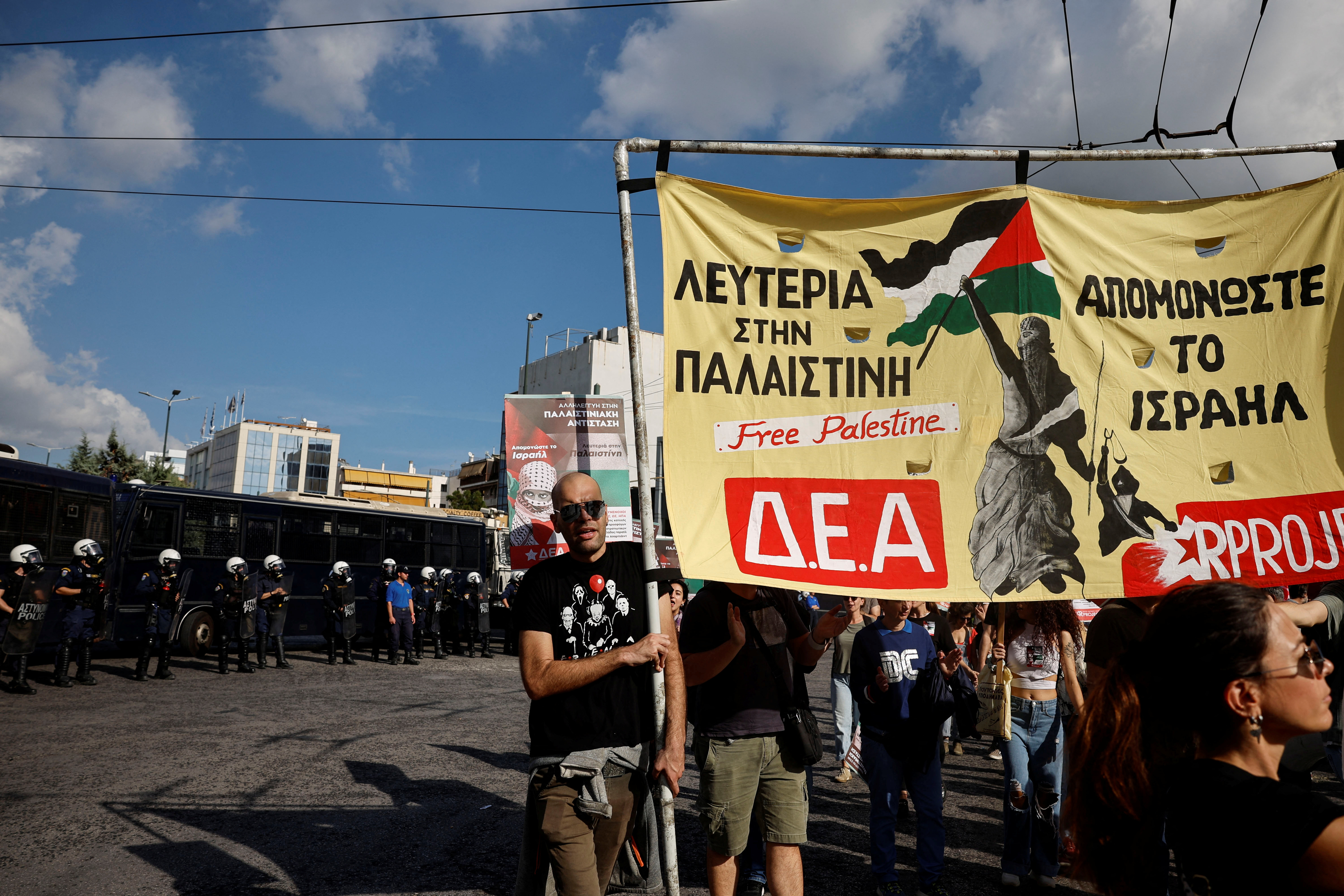 Protesters march outside the Israeli embassy, during a pro-Palestinian protest in Athens, Greece, October 29, 2023. REUTERS/Louisa Gouliamaki